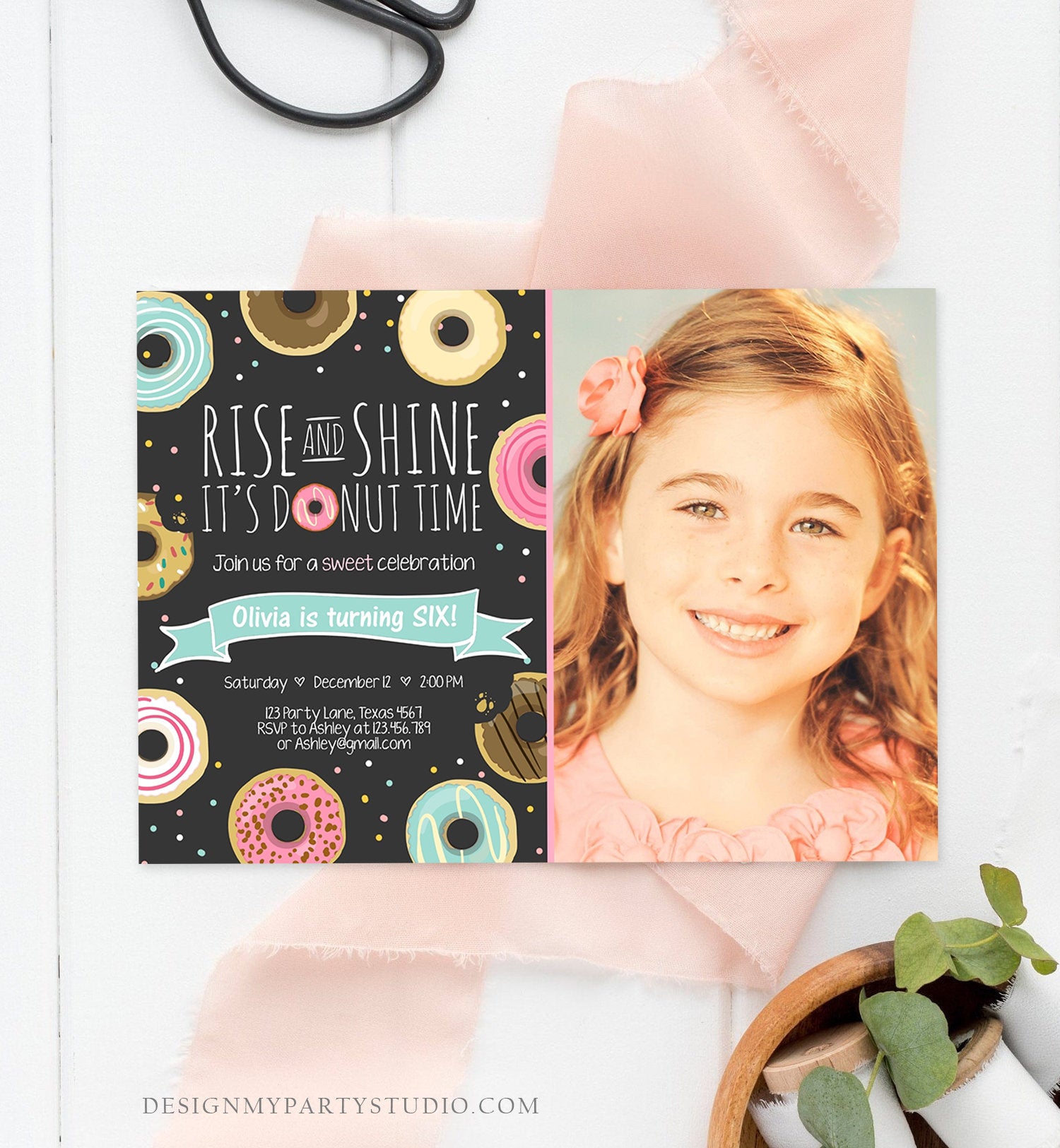 Editable Rise and Shine Donut Time Birthday Invitation ANY AGE Sweet Girl Birthday Party Pink Doughnut Digital Corjl Template Printable 0050