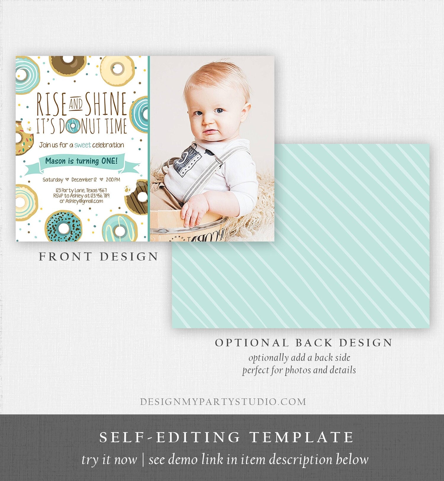 Editable Rise and Shine Donut Time Birthday Invitation ANY AGE Sweet Boy Birthday Party Blue Doughnut Digital Corjl Template Printable 0050