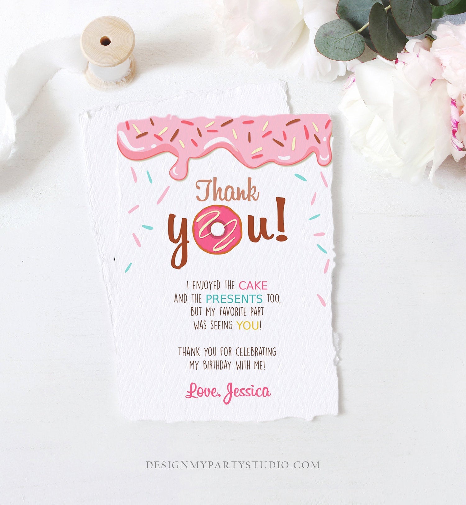 Editable Donut Thank You Card Note Pink Girl Birthday Party Doughnut Thank You Photo Sweet First Birthday 1st Corjl Template Printable 0050