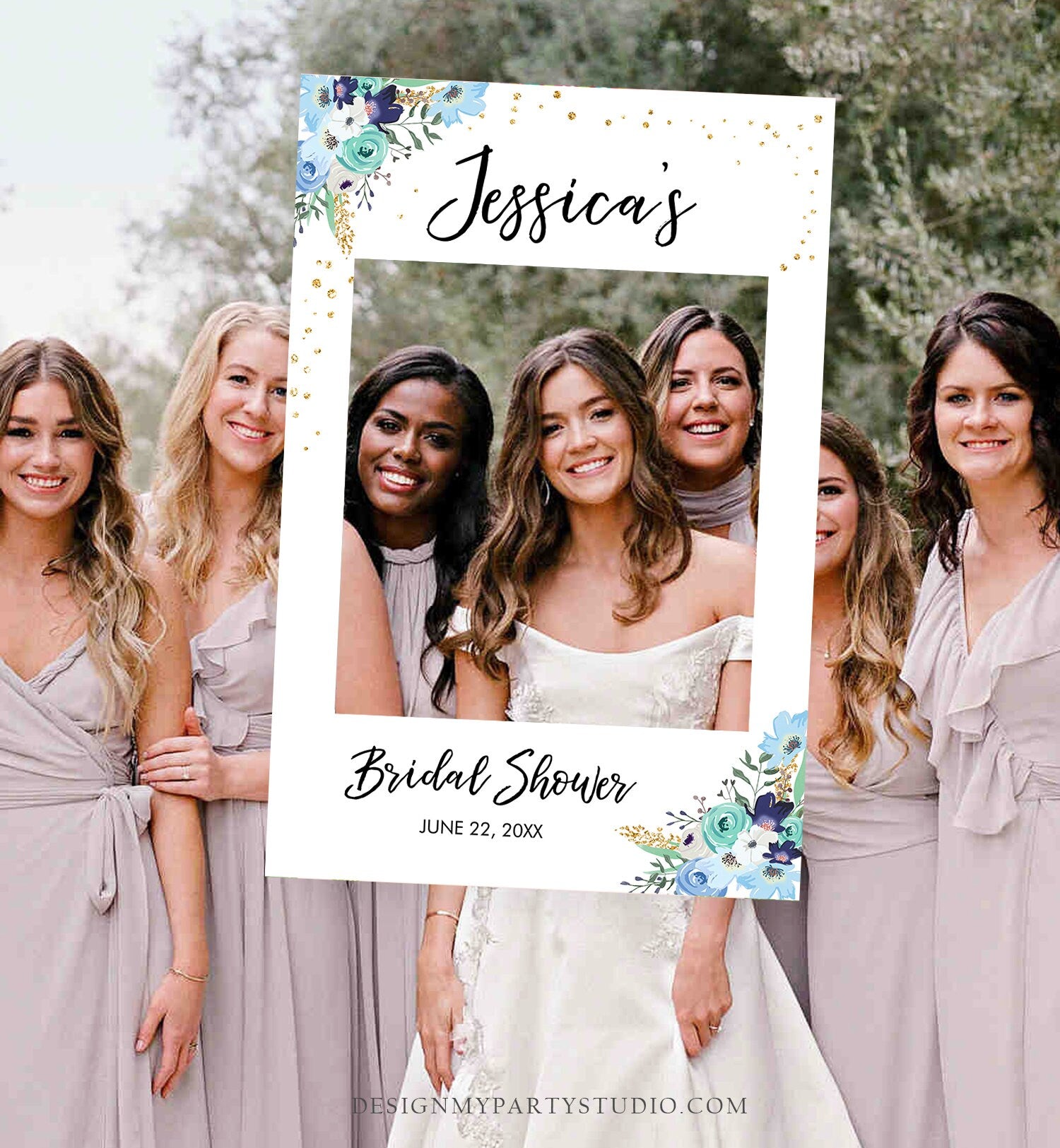 Editable Bridal Shower Photo Prop Blue Floral Bridal Shower Sign Photo Booth Frame Wedding Photo Prop Gold Corjl Template PRINTABLE 0030