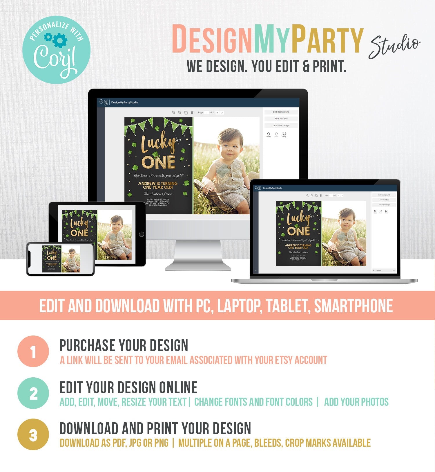 Editable St. Patrick's Day Birthday Invitation Shamrock Clover St Patricks day Birthday Lucky One Printable Invite Template Corjl 0115