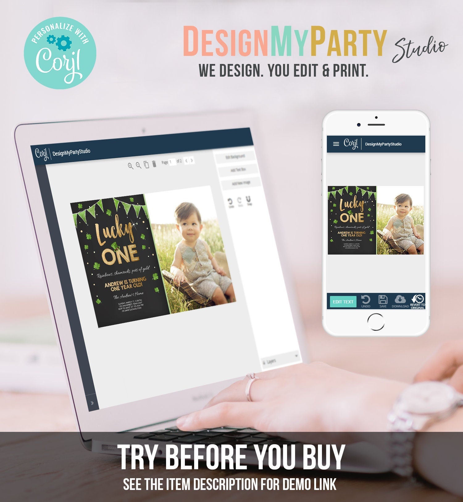 Editable St. Patrick's Day Birthday Invitation Shamrock Clover St Patricks day Birthday Lucky One Printable Invite Template Corjl 0115