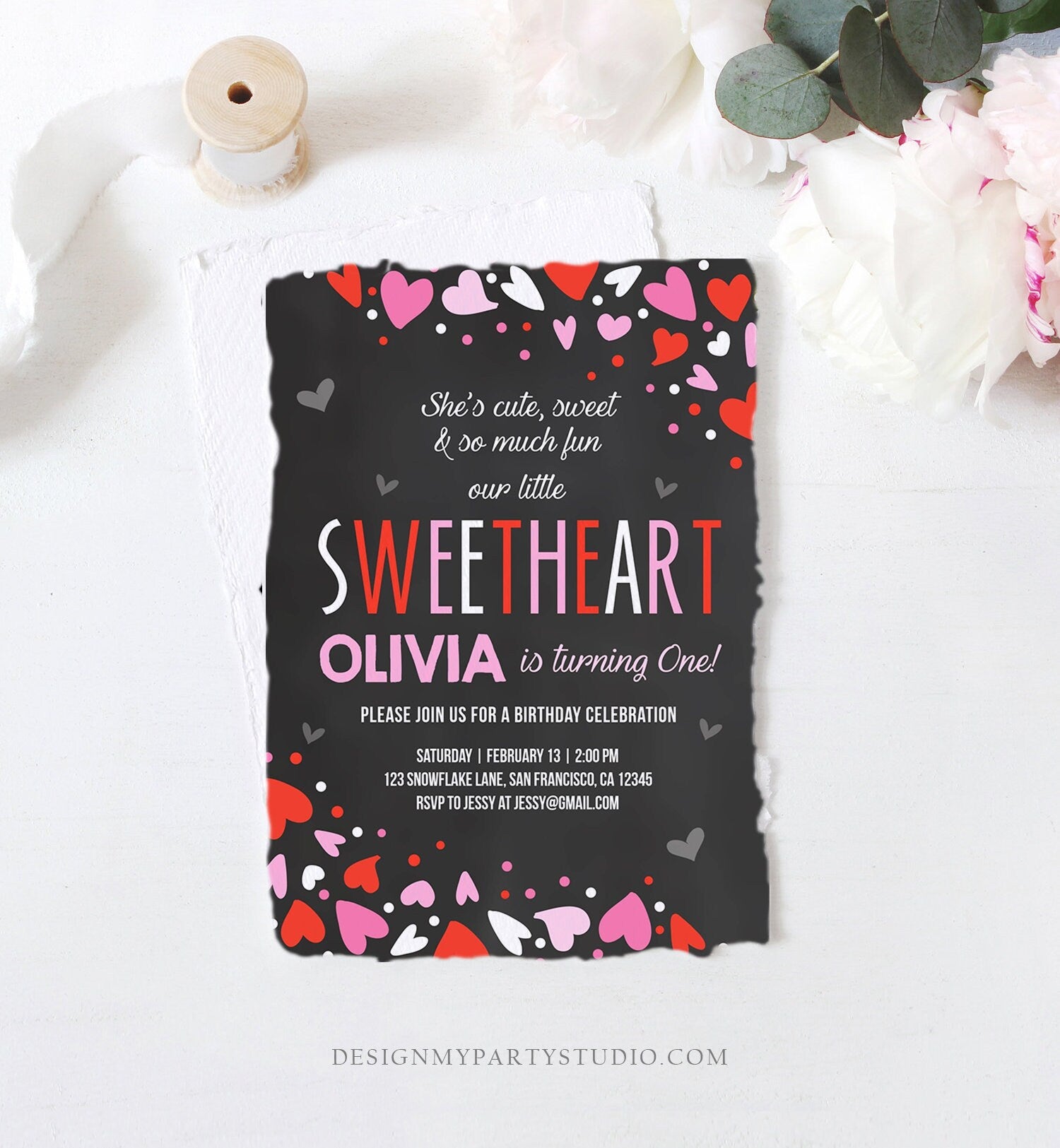 Editable Little Sweetheart Birthday Invitation Valentine Girl Hearts Pink Purple First Birthday 1st Download Corjl Template Printable 0288