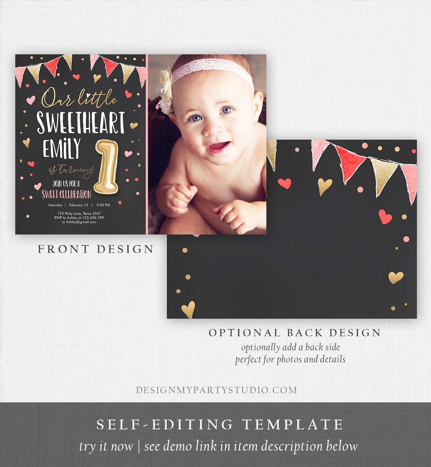 Editable Little Sweetheart Birthday Invitation Valentine Girl Hearts Pink Gold First Birthday 1st Download Corjl Template Printable 0290