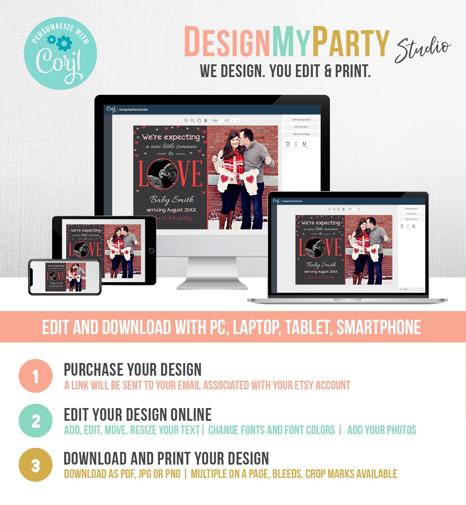 Editable Love Pregnancy Reveal Announcement Valentine Hearts Baby on the Way Pregnant Pink Girl Download Corjl Template Printable 0291