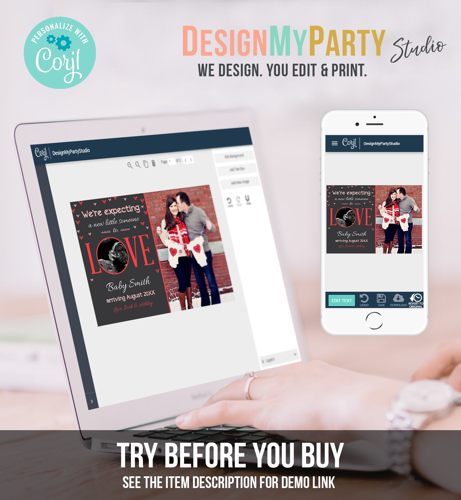 Editable Love Pregnancy Reveal Announcement Valentine Hearts Baby on the Way Pregnant Pink Girl Download Corjl Template Printable 0291