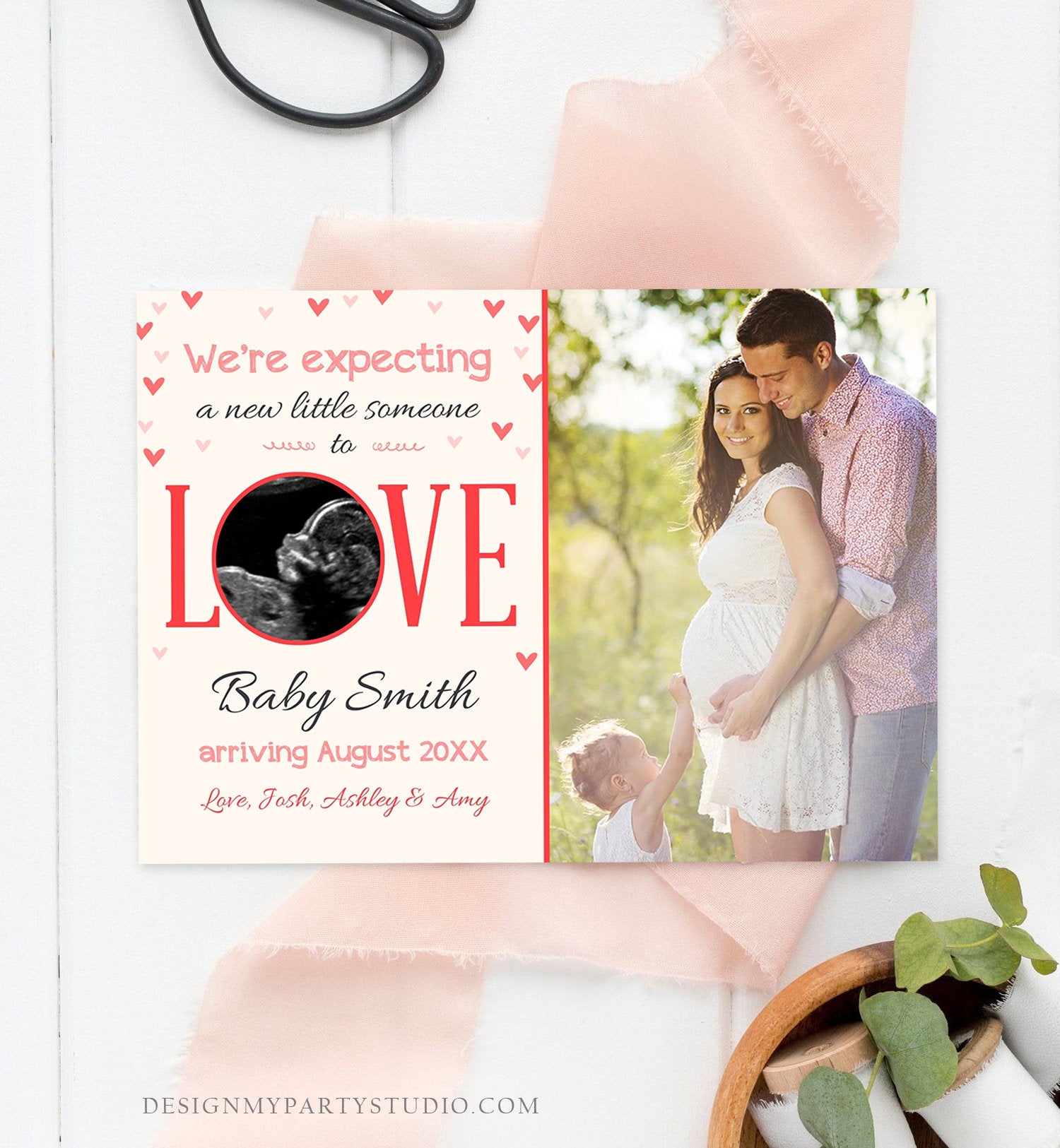 Editable Love Pregnancy Reveal Announcement Valentine Hearts Baby on the Way Pregnant Pink Girl Download Corjl Template Printable 0291