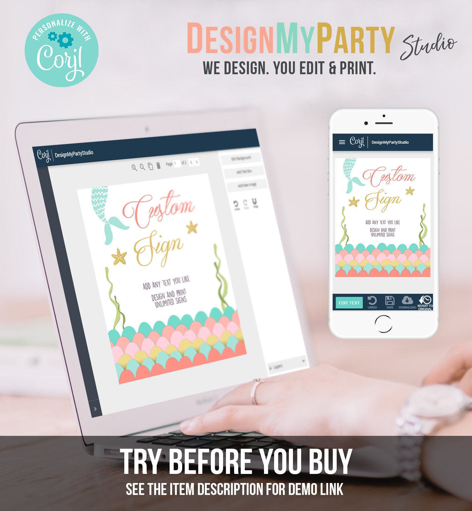 Editable Custom Sign Mermaid Birthday Decor Mermaid Tale Table Sign Girl Birthday Pink Gold Coral Mint 8x10 Download PRINTABLE Corjl 0021