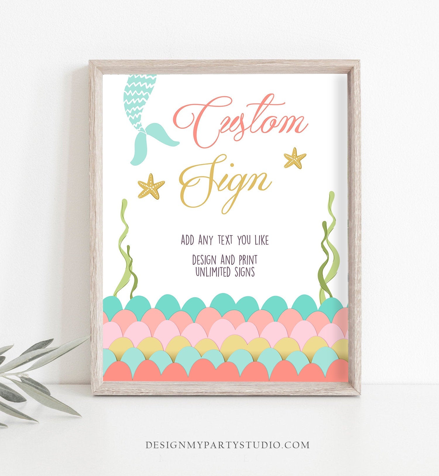 Editable Custom Sign Mermaid Birthday Decor Mermaid Tale Table Sign Girl Birthday Pink Gold Coral Mint 8x10 Download PRINTABLE Corjl 0021