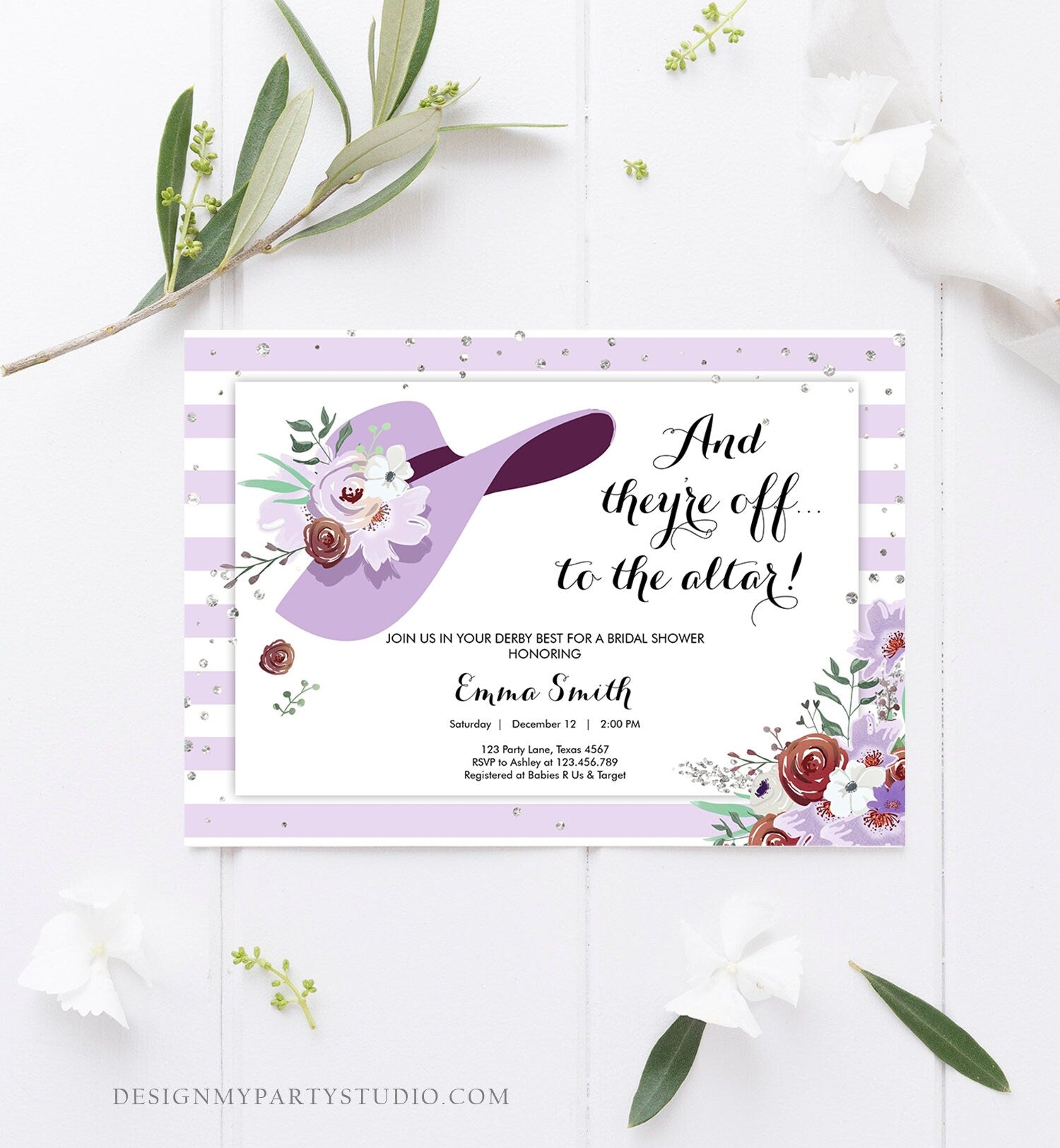 Editable Bridal Shower Invitation Derby Wear a Hat Horse races Floral Flowers Lavender Silver Glitter Download Printable Template Corjl 0249