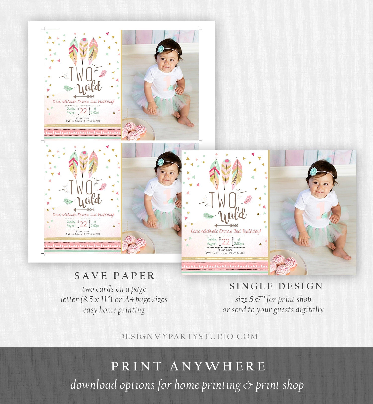 Editable Two Wild Birthday Invitation Feathers Tribal Girl Pink Boho Arrow Coral Mint Instant Download Printable Corjl Template Digital 0073