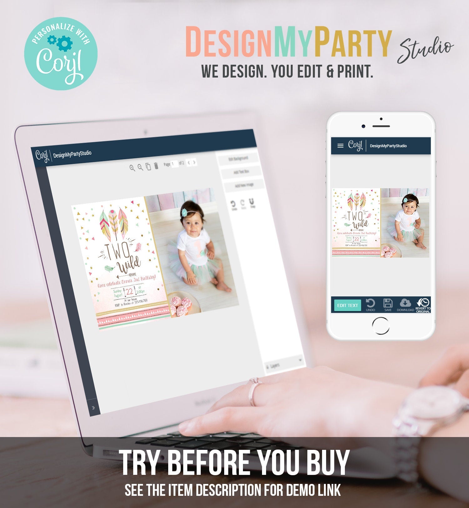 Editable Two Wild Birthday Invitation Feathers Tribal Girl Pink Boho Arrow Coral Mint Instant Download Printable Corjl Template Digital 0073