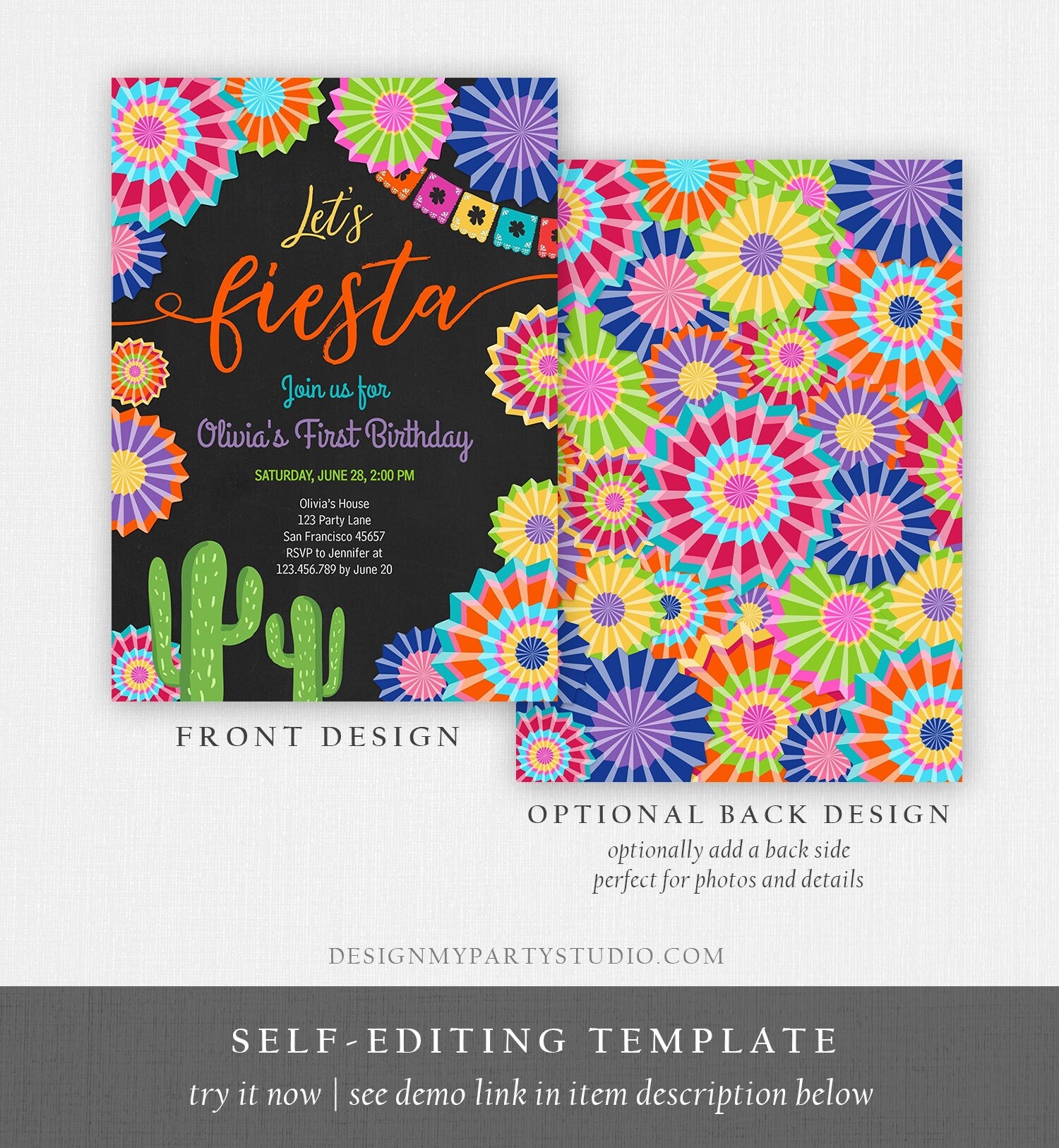 Editable Let's Fiesta Birthday Invitation ANY AGE Girl First Birthday Uno Cactus Cinco Mayo Mexican Download Corjl Template Printable 0236