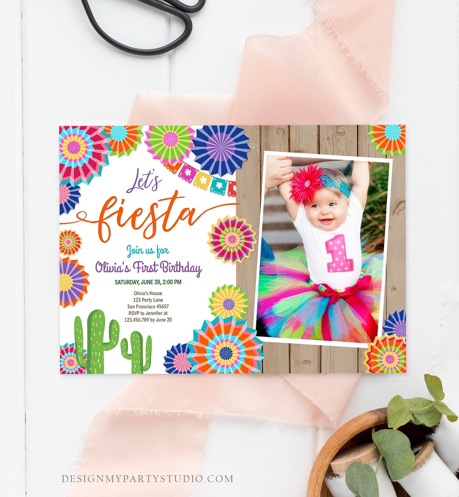 Editable Let's Fiesta Birthday Invitation ANY AGE Girl First Birthday Uno Cactus Cinco Mayo Mexican Photo Corjl Template Printable 0236