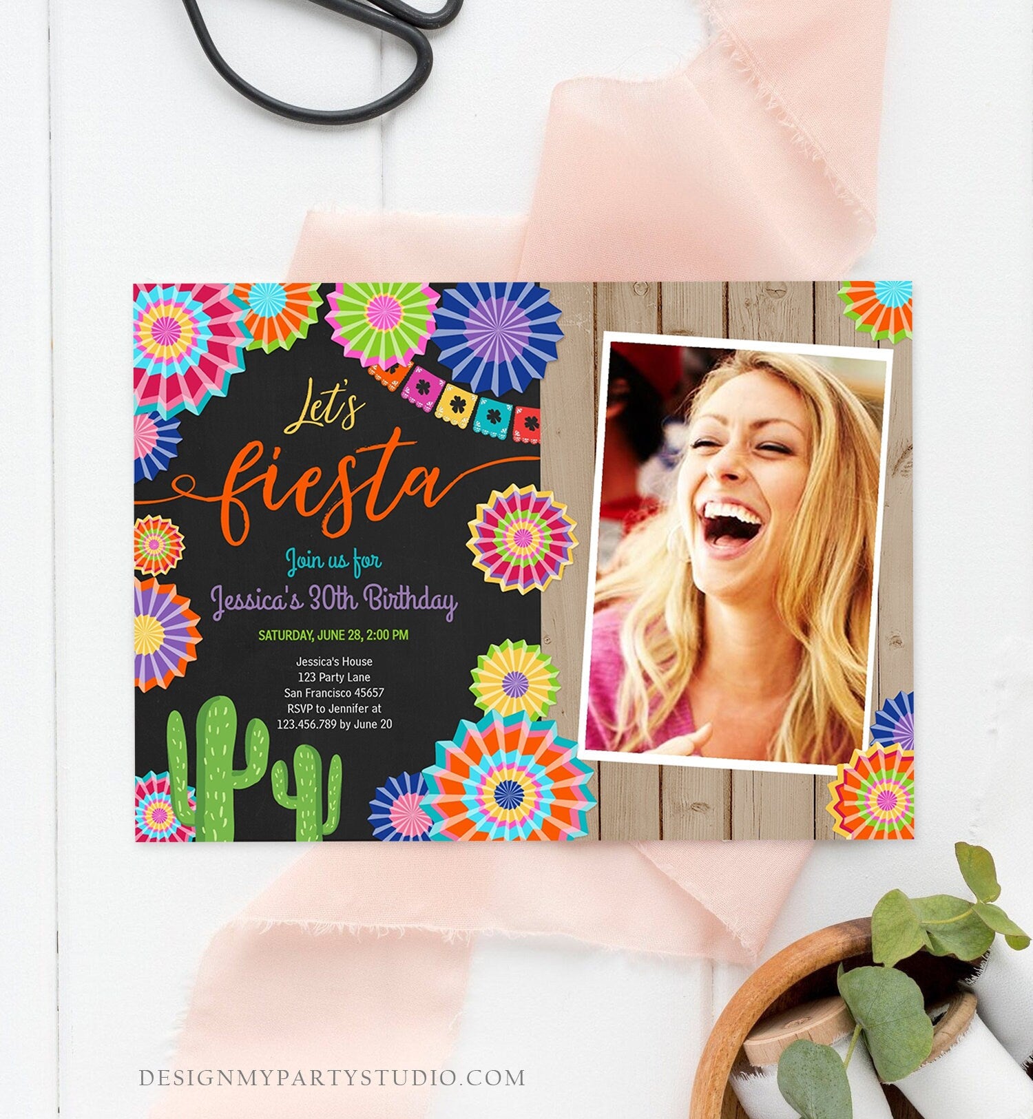 Editable Let's Fiesta Birthday Invitation ANY AGE Girl Woman Adult 30th Cactus Cinco Mayo Mexican Party Photo Corjl Template Printable 0236