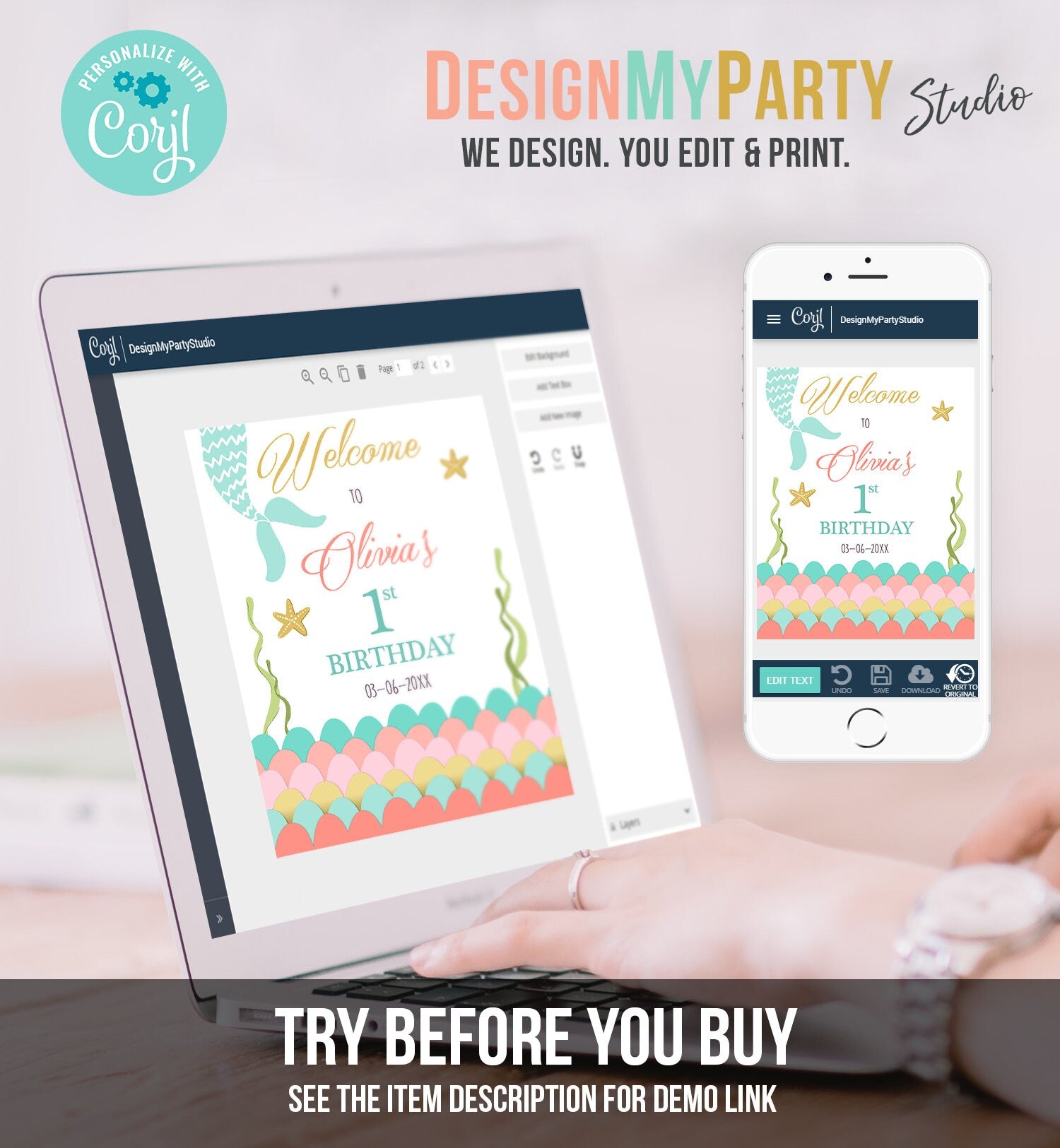 Editable Mermaid Birthday Welcome Sign Girl Mermaid Birthday Welcome Sign Under The Sea Coral Mermaid Tail Template Corjl PRINTABLE 0021