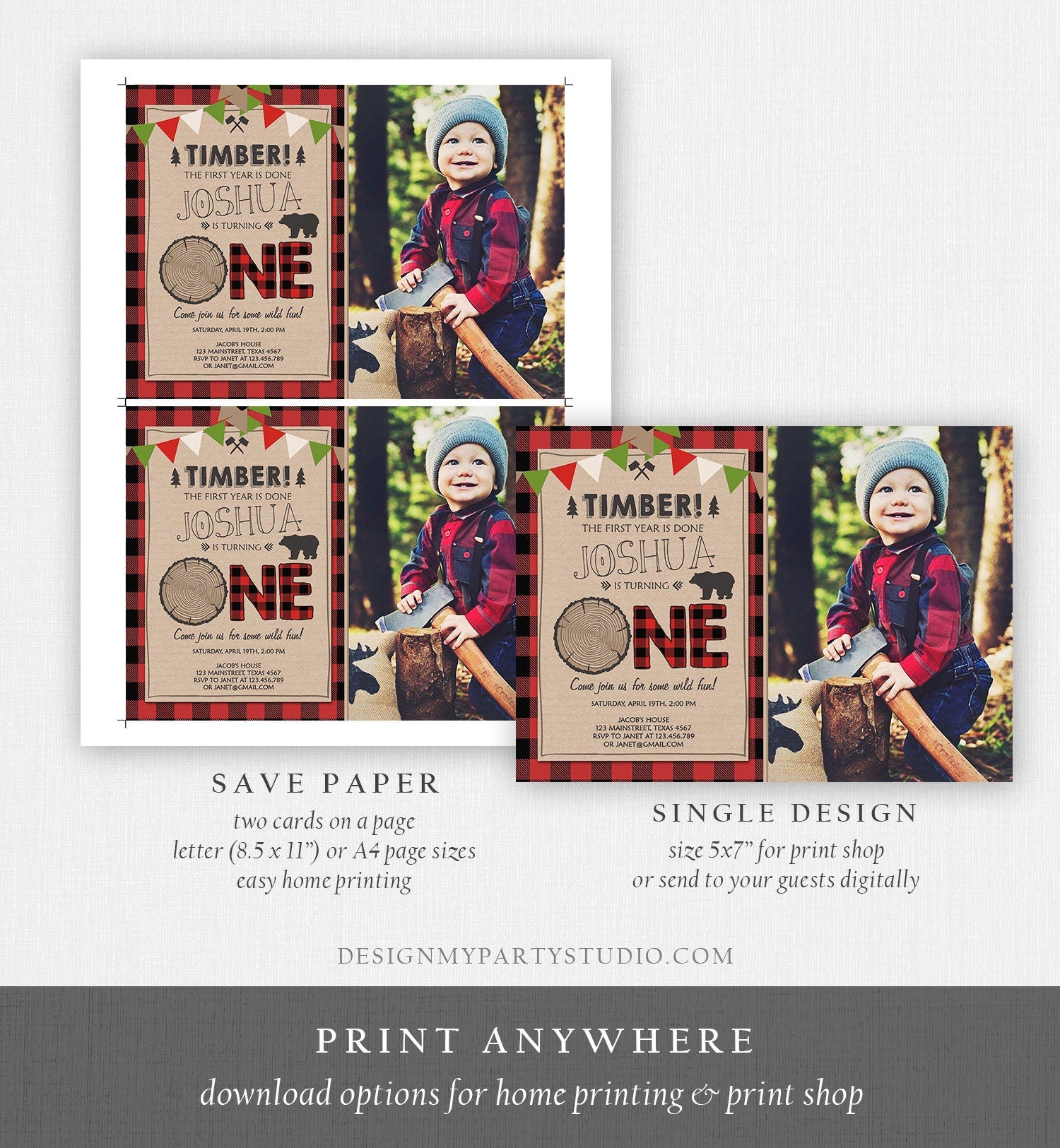 Editable Lumberjack Birthday Invitation Rustic Woodland Birthday Bear Forest Red Plaid Instant Download Printable Template Corjl 0026
