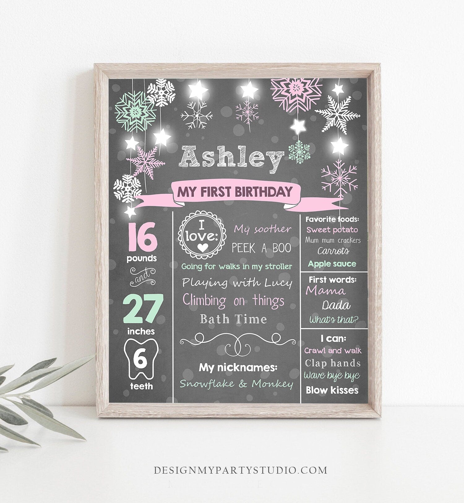 Editable Winter Onederland Birthday Milestones Sign First Birthday 1st Snowflakes Girl Pink Teal Cold Outside Corjl Template Printable 0057