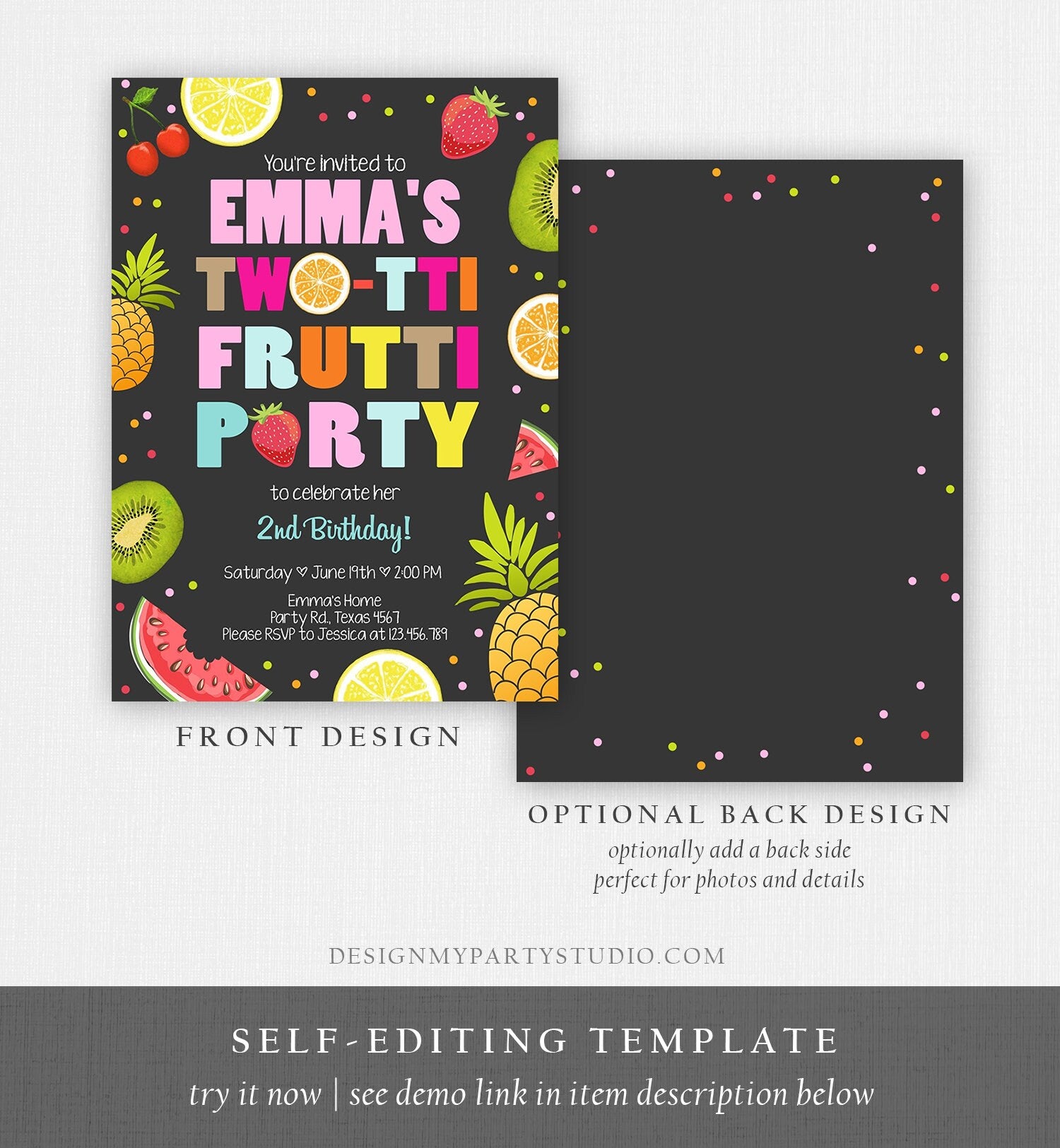 Editable Two-tti Frutti Birthday Invitation Tutti Frutti Party Fruit Tropical Summer Instant Download Printable Template Digital Corjl 0127