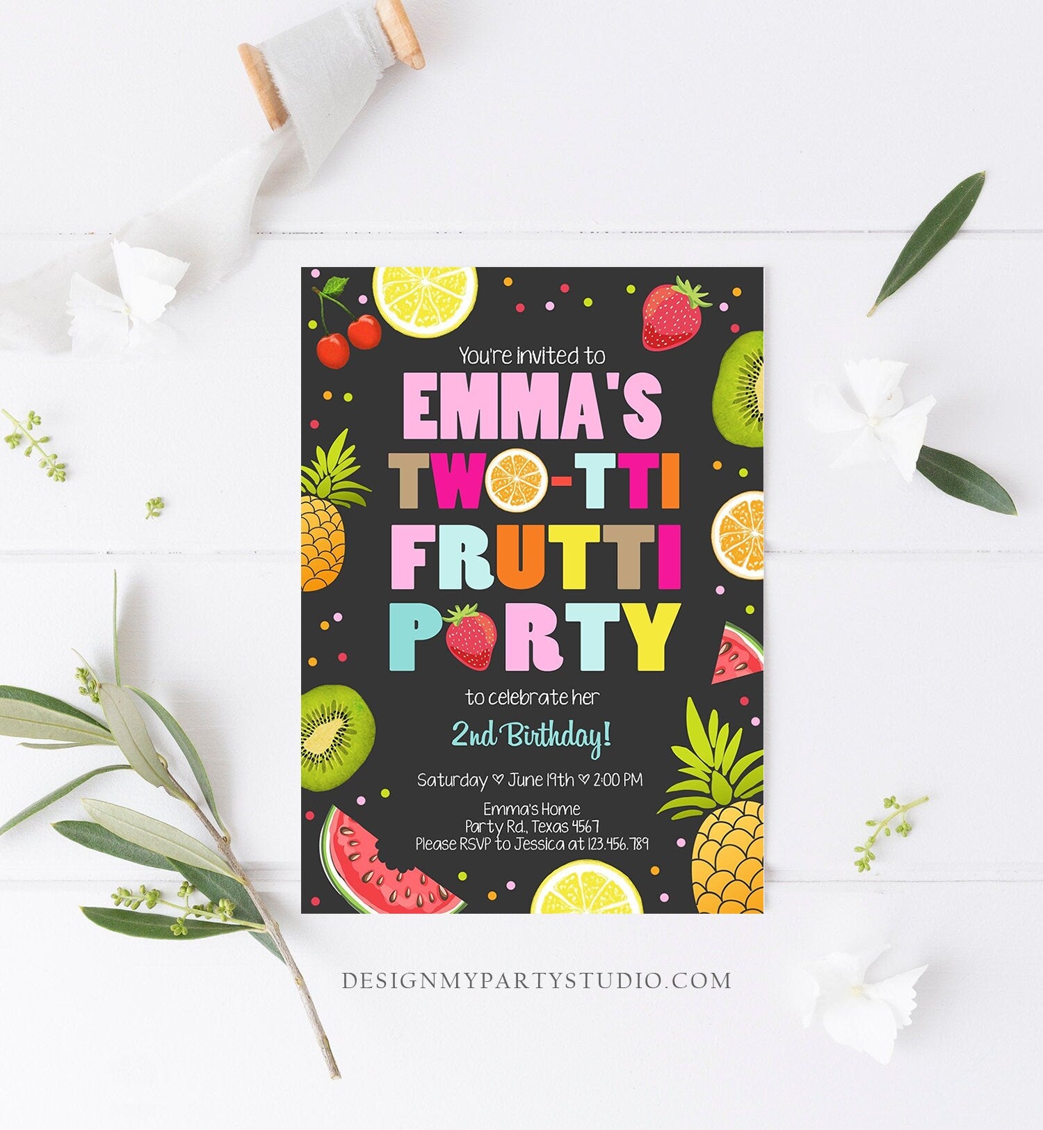 Editable Two-tti Frutti Birthday Invitation Tutti Frutti Party Fruit Tropical Summer Instant Download Printable Template Digital Corjl 0127