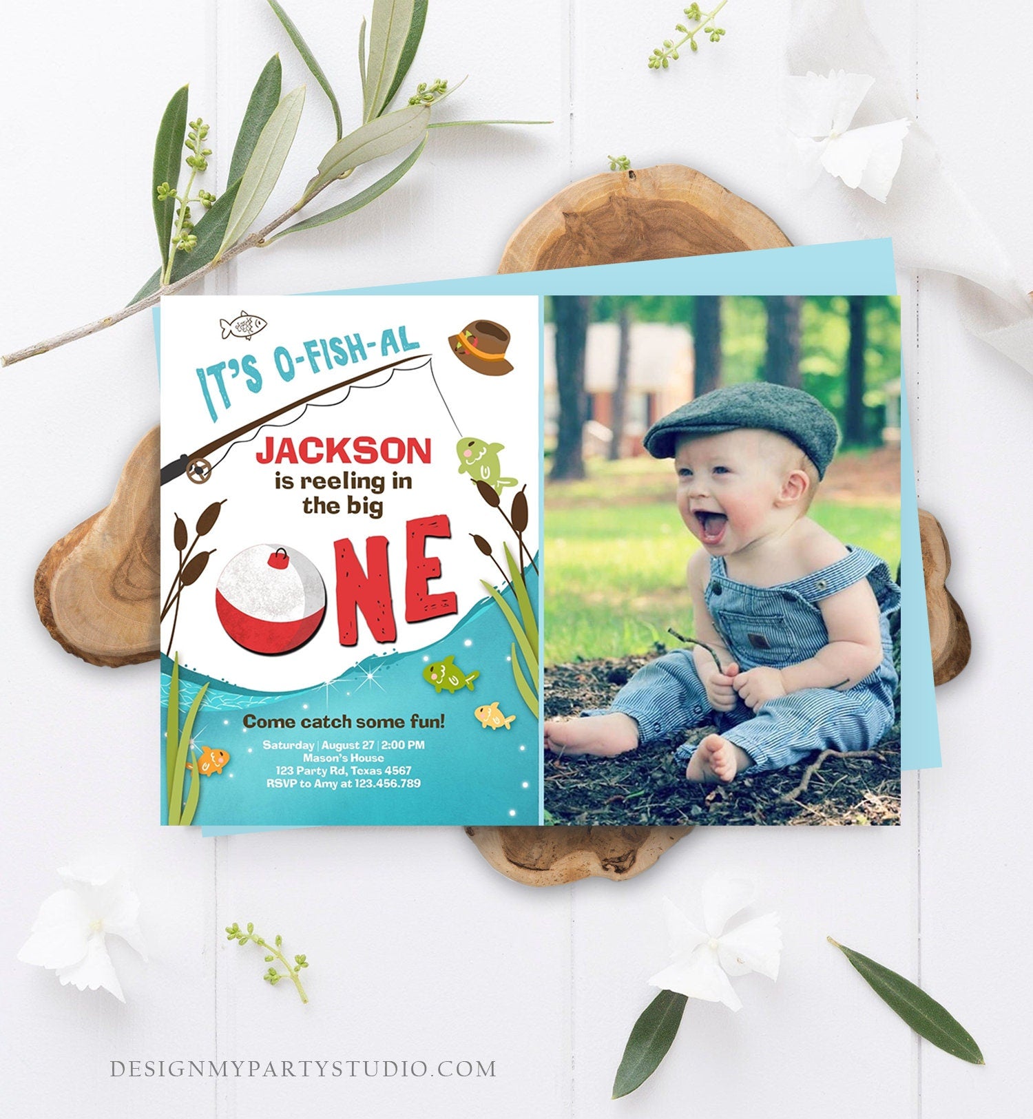 Editable First Birthday Fishing Invitation Fishing Party The Big One O-fish-al Gone Fishing Boy Download Printable Template Corjl 0080