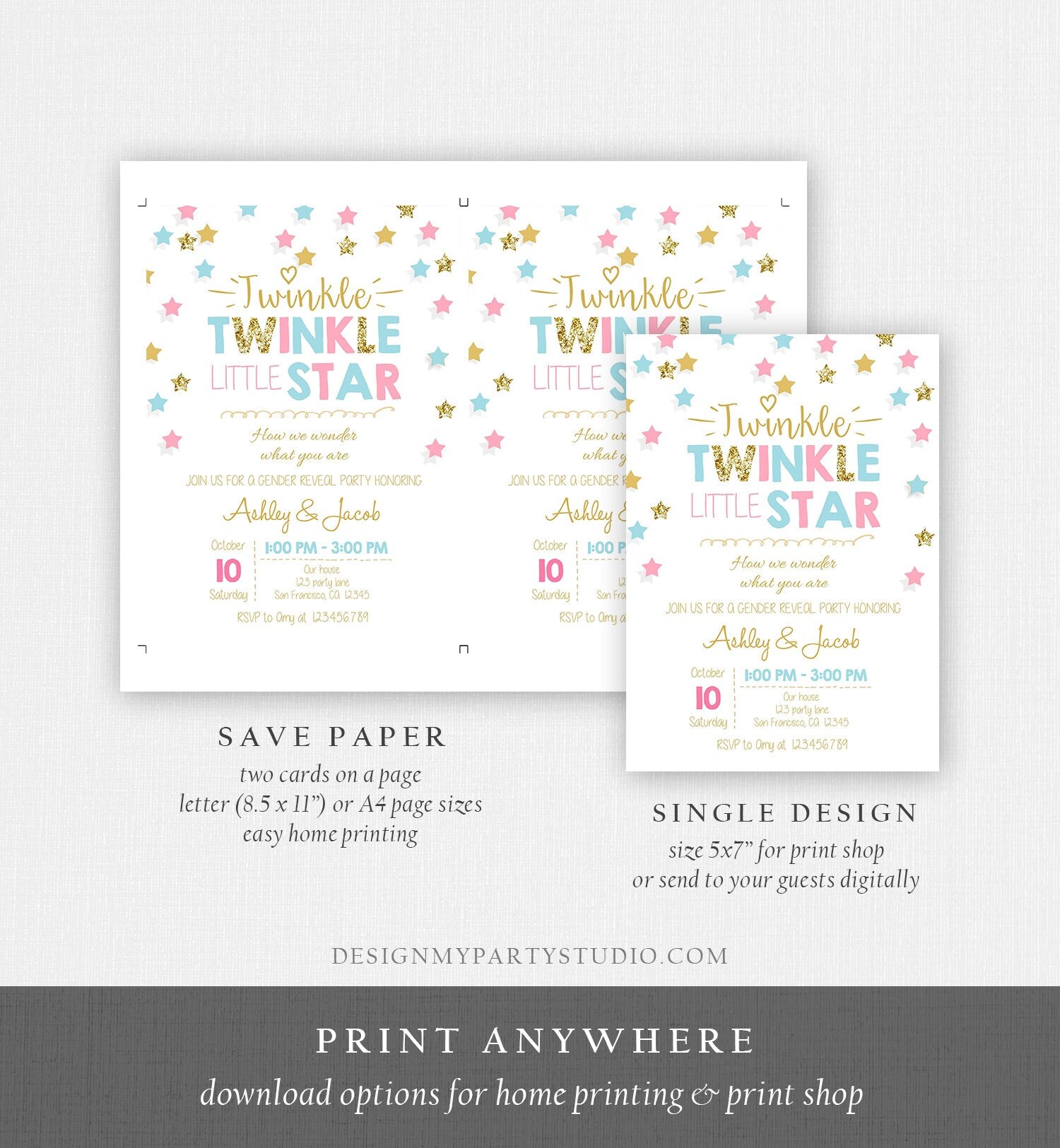 Editable Twinkle Little Star Gender Reveal Invitation Baby Shower Blue or Pink He or She Little Star Download Corjl Template Printable 0028