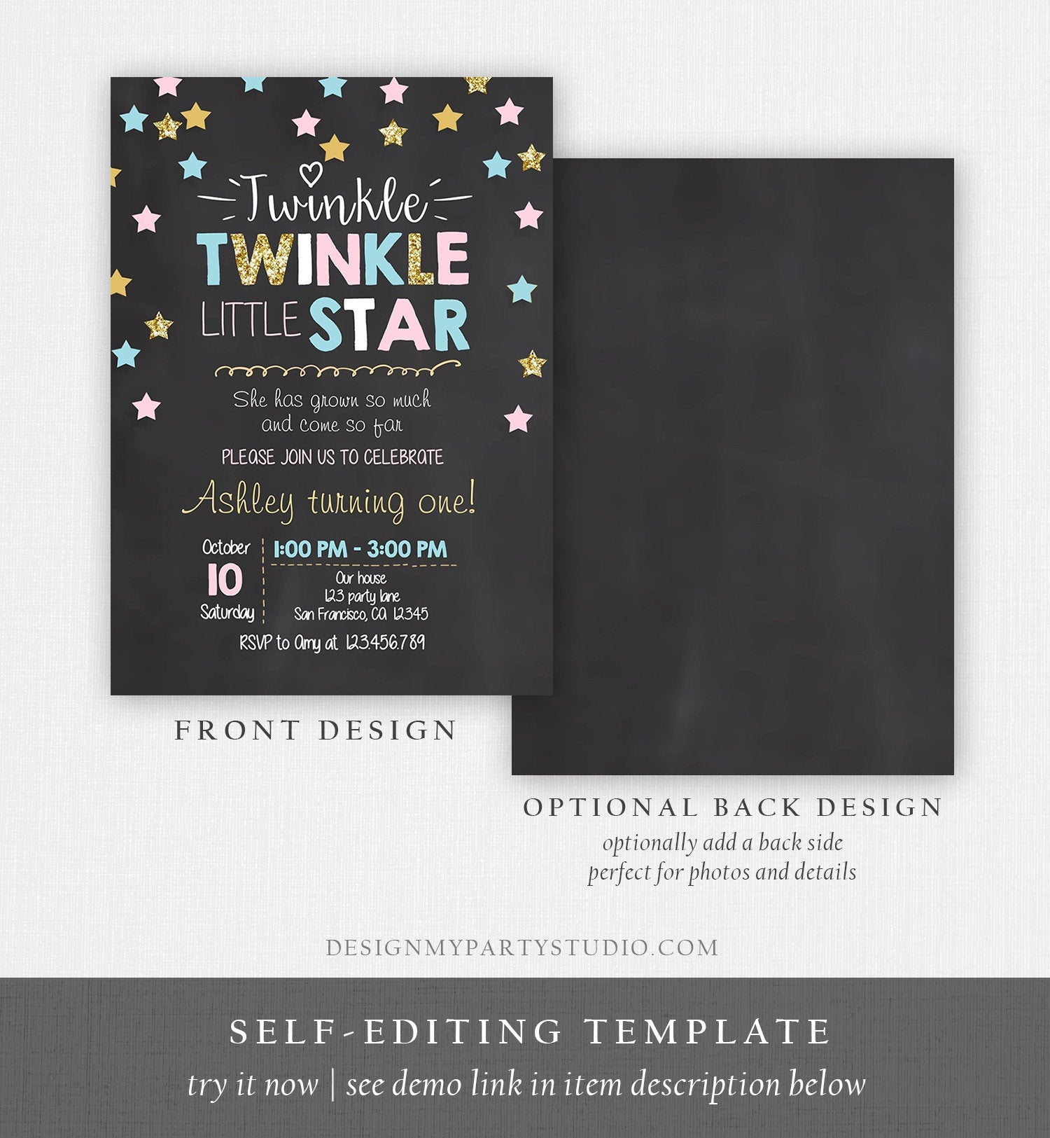 Editable Twinkle Little Star Birthday Invitation Pink Blue Mint Gold Girl First Birthday Chalk Stars Download Corjl Template Printable 0028
