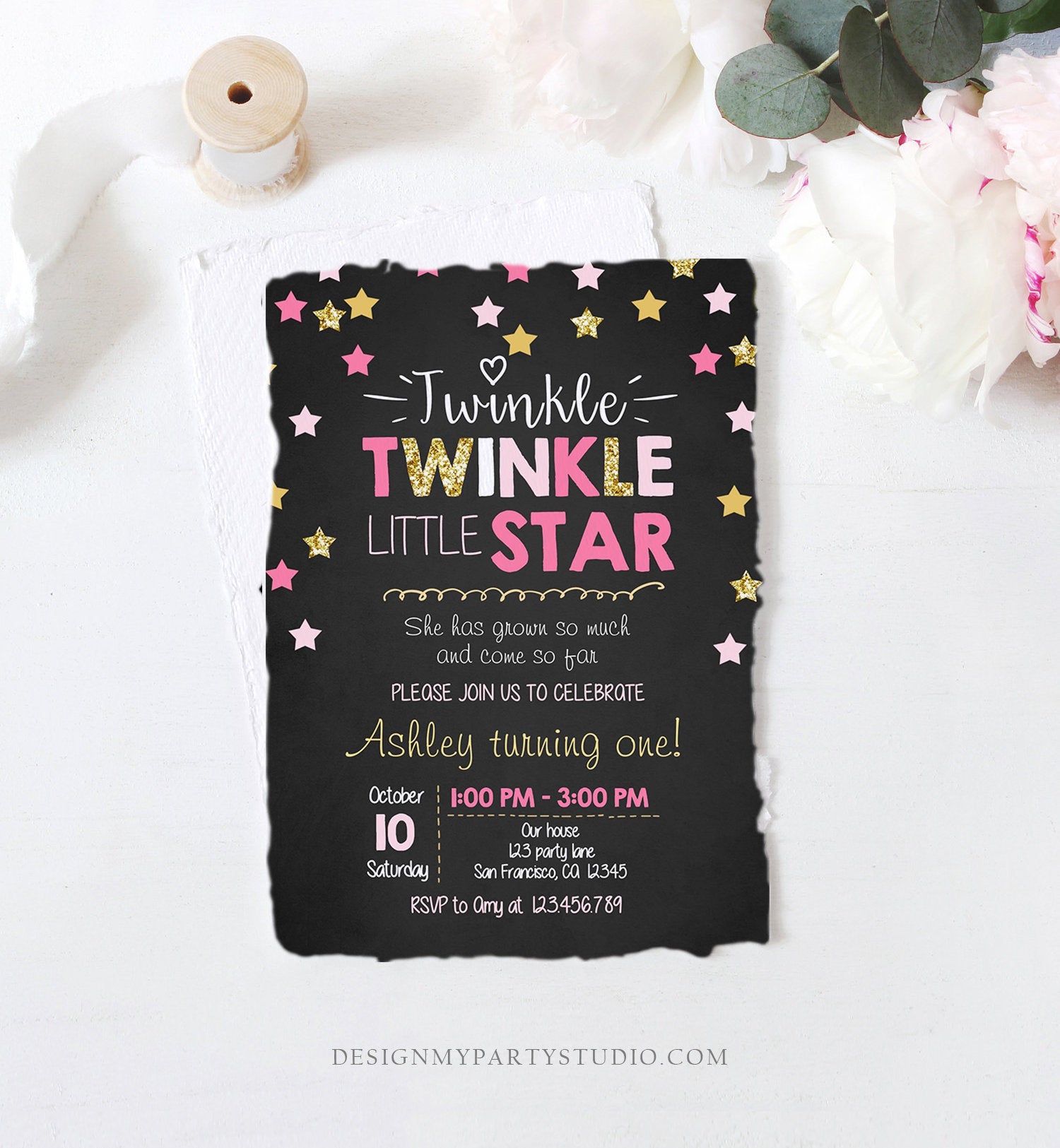 Editable Twinkle Little Star Birthday Invitation Pink Gold Glitter Girl First Birthday Chalk Stars Download Corjl Template Printable 0028