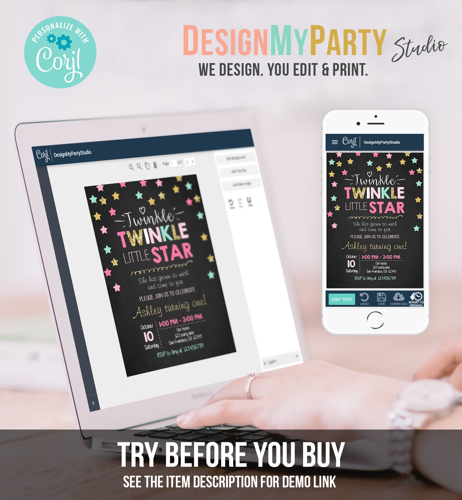 Editable Twinkle Little Star Birthday Invitation Pink Blue Mint Gold Girl First Birthday Chalk Stars Download Corjl Template Printable 0028