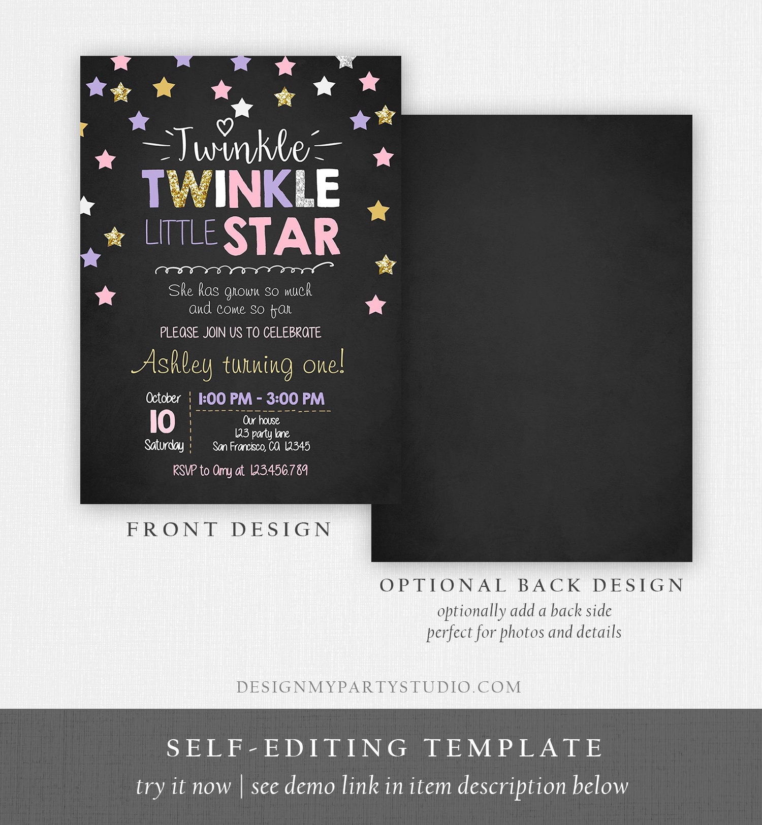 Editable Twinkle Little Star Birthday Invitation Pink Purple Gold Silver Girl First Birthday Chalk Stars Corjl Template Printable 0028