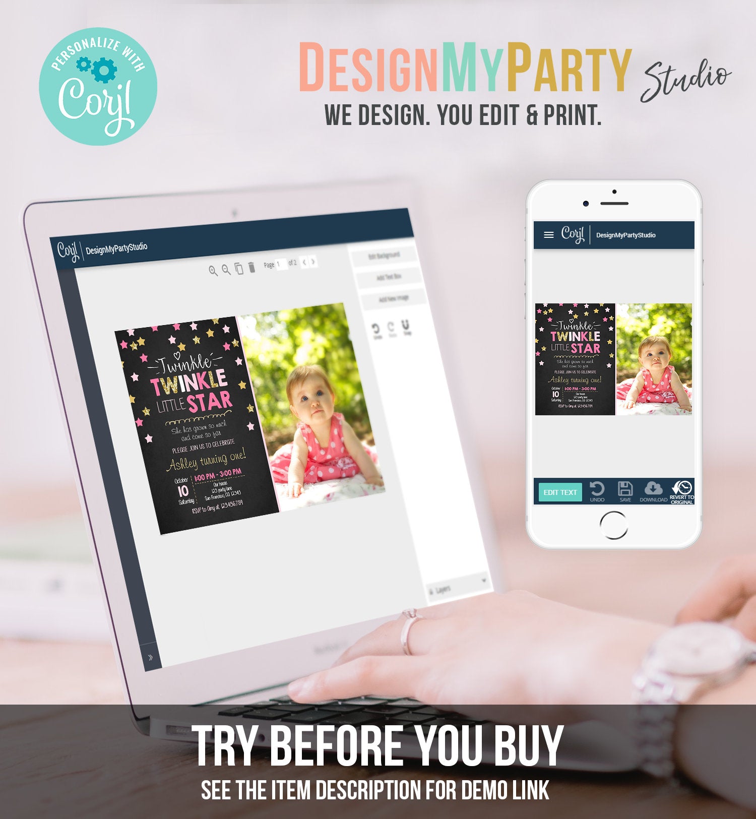 Editable Twinkle Little Star Birthday Invitation Pink Gold Photo Girl First Birthday Chalk Stars Download Corjl Template Printable 0028