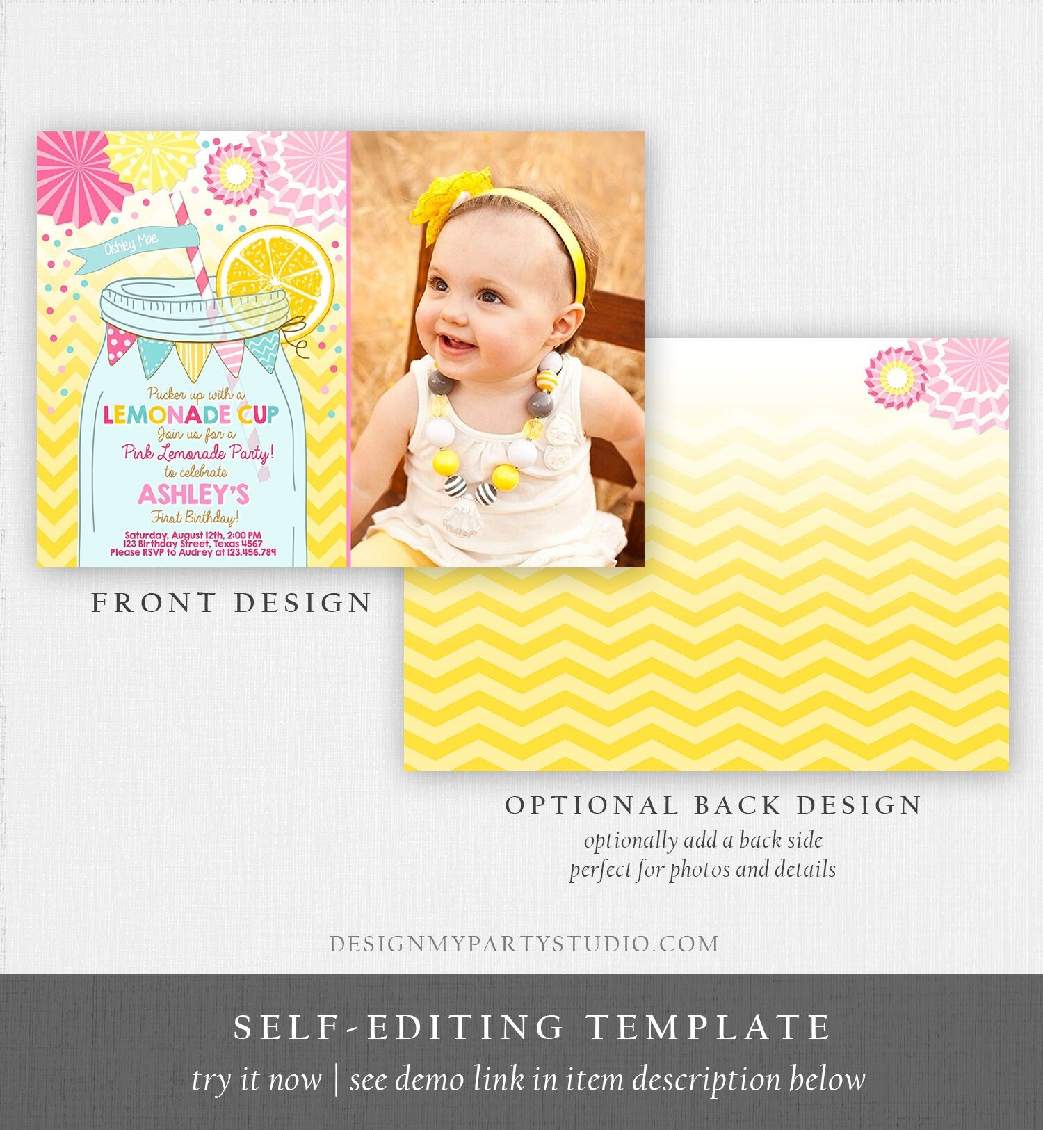 Editable Sunshine Lemonade Birthday Invitation Pink Girl Sunshine Party Lemonade Invitation 1st Birthday Printable Template Corjl 0214