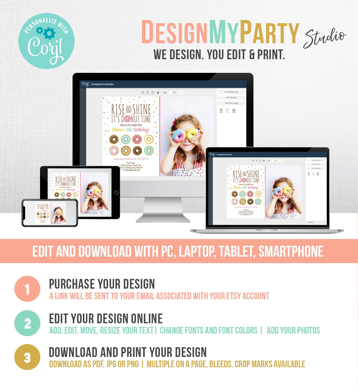 Editable Rise and Shine Donut Time Birthday Invitation ANY AGE Sweet Girl Birthday Party Pink Doughnut Digital Corjl Template Printable 0050