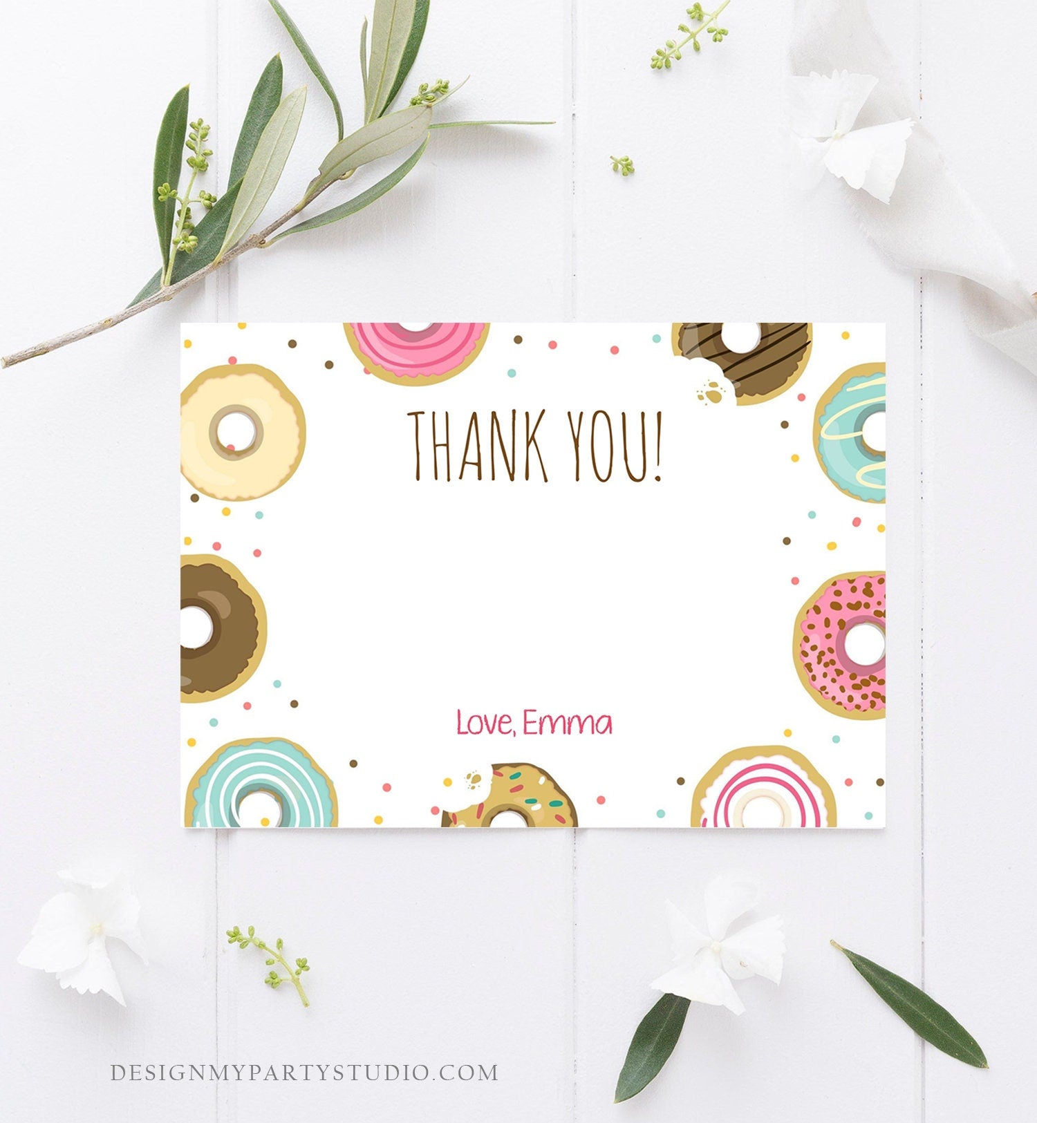 Editable Donut Thank You Card Note Pink Girl Birthday Party Doughnut Thank You Photo Sweet First Birthday 1st Corjl Template Printable 0050