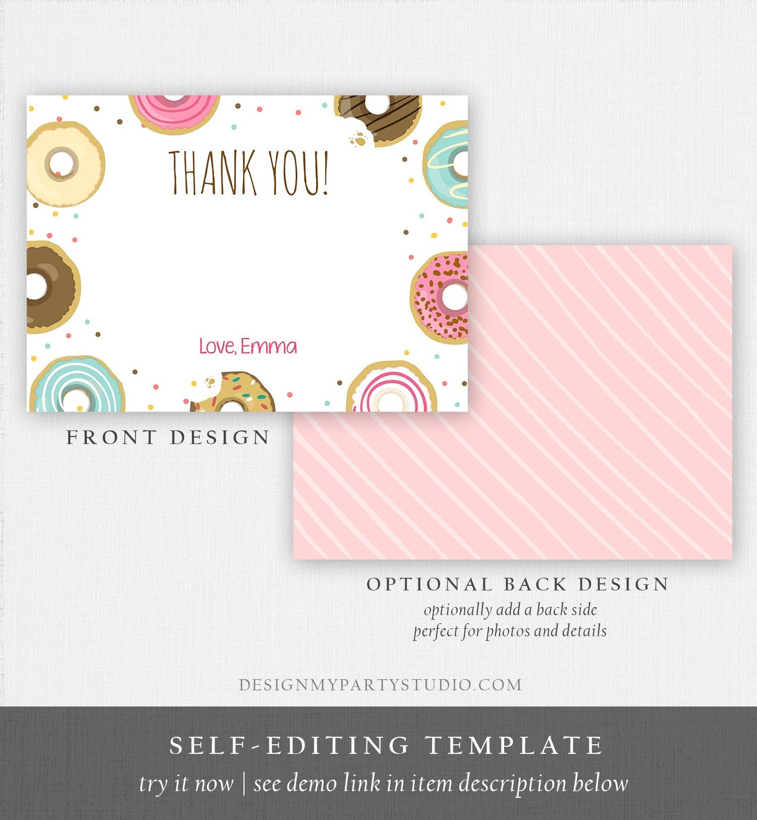 Editable Donut Thank You Card Note Pink Girl Birthday Party Doughnut Thank You Photo Sweet First Birthday 1st Corjl Template Printable 0050