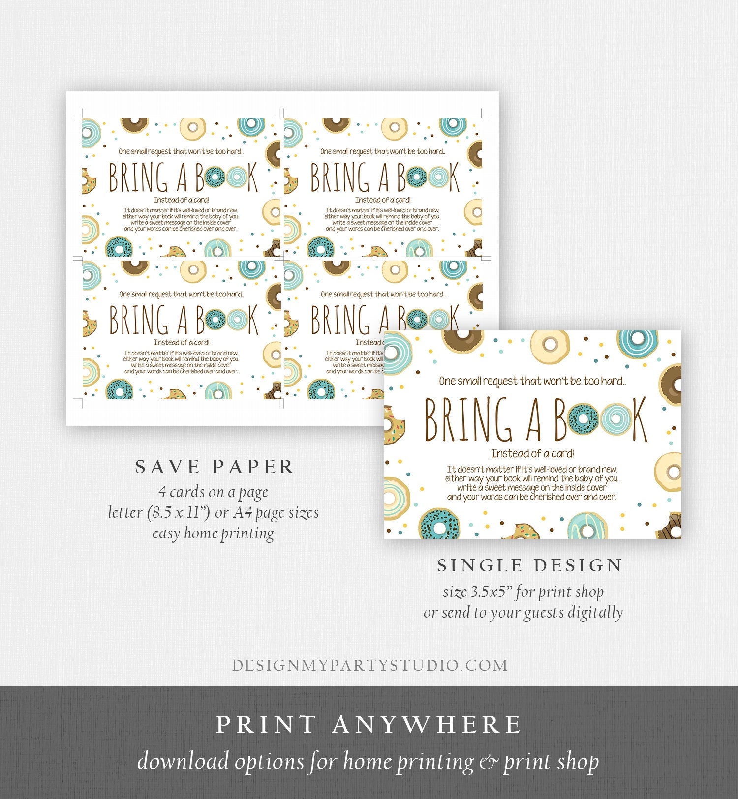 Editable Donut Bring a Book Card Boy Blue Baby Shower Sprinkle Book Insert Books for Baby Book Request Doughnut Download Corjl Template 0050