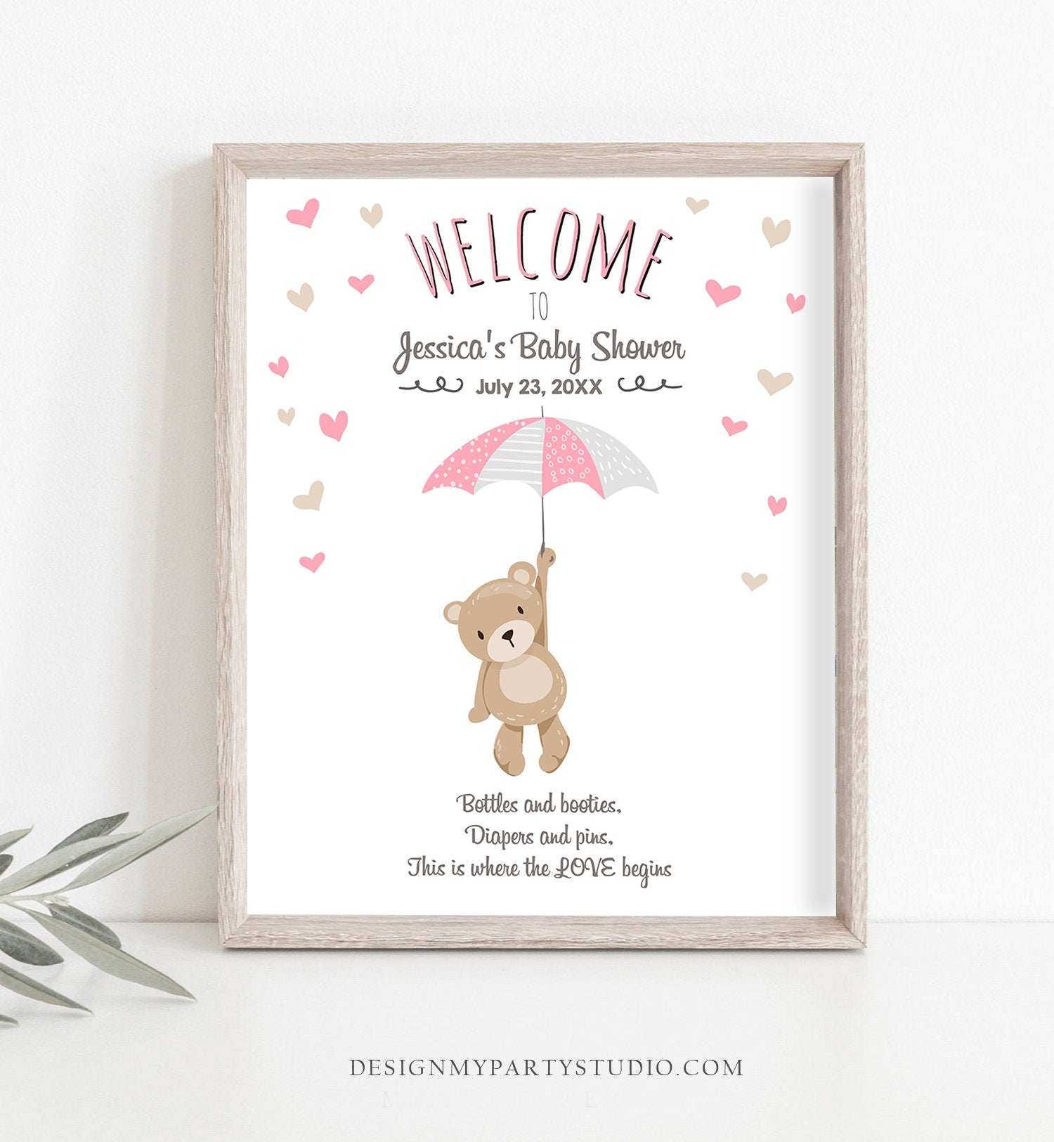 Editable Teddy Bear Welcome Sign Bear Baby Shower Pink Girl Welcome Sign Cute Umbrella Baby Sprinkle Woodland Template PRINTABLE Corjl 0025