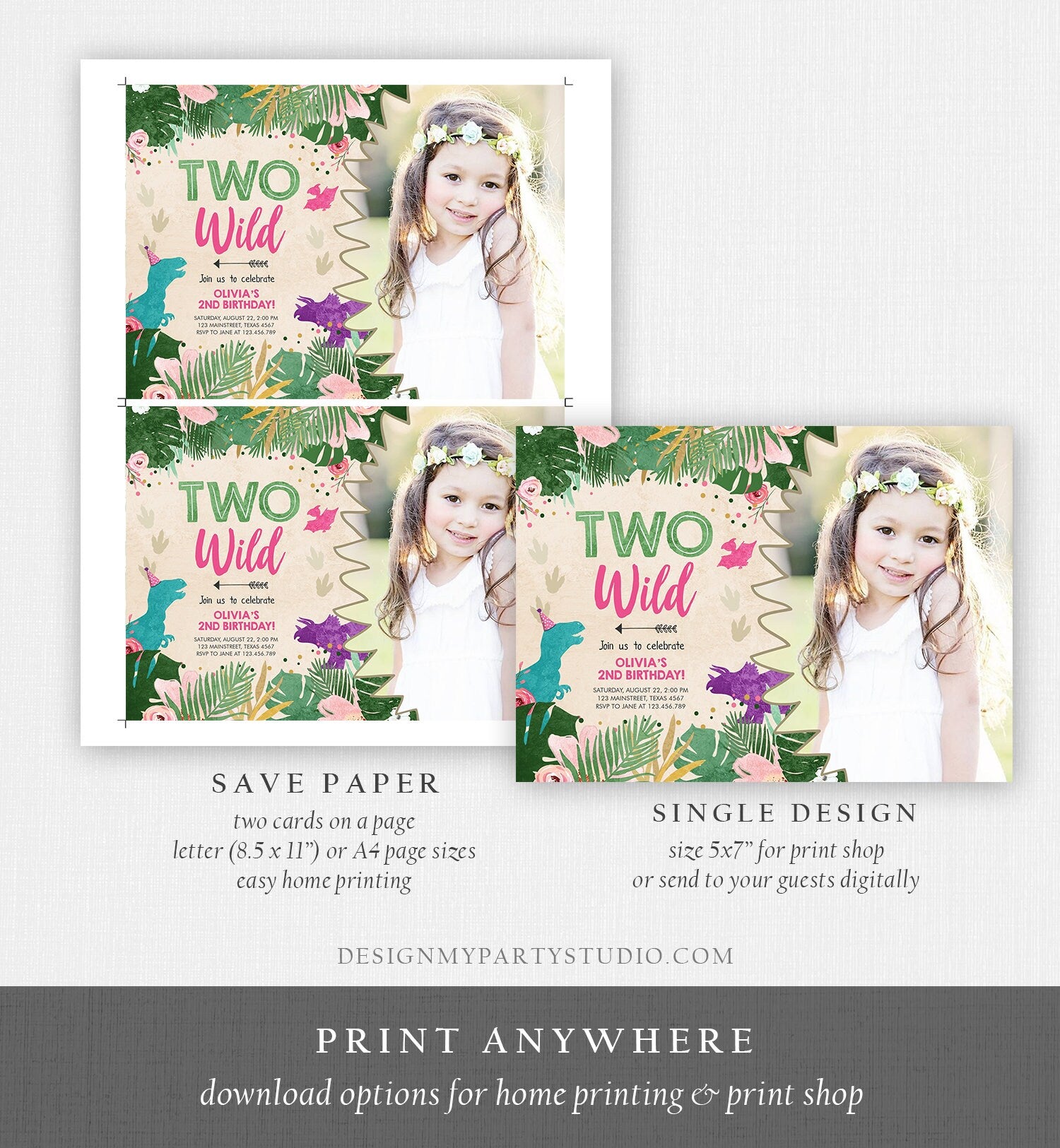 Editable Two Wild Birthday Invitation Dinosaur Dino Party Girl 2nd Second Birthday Born to Pink Purple Digital Corjl Template Printable 0388