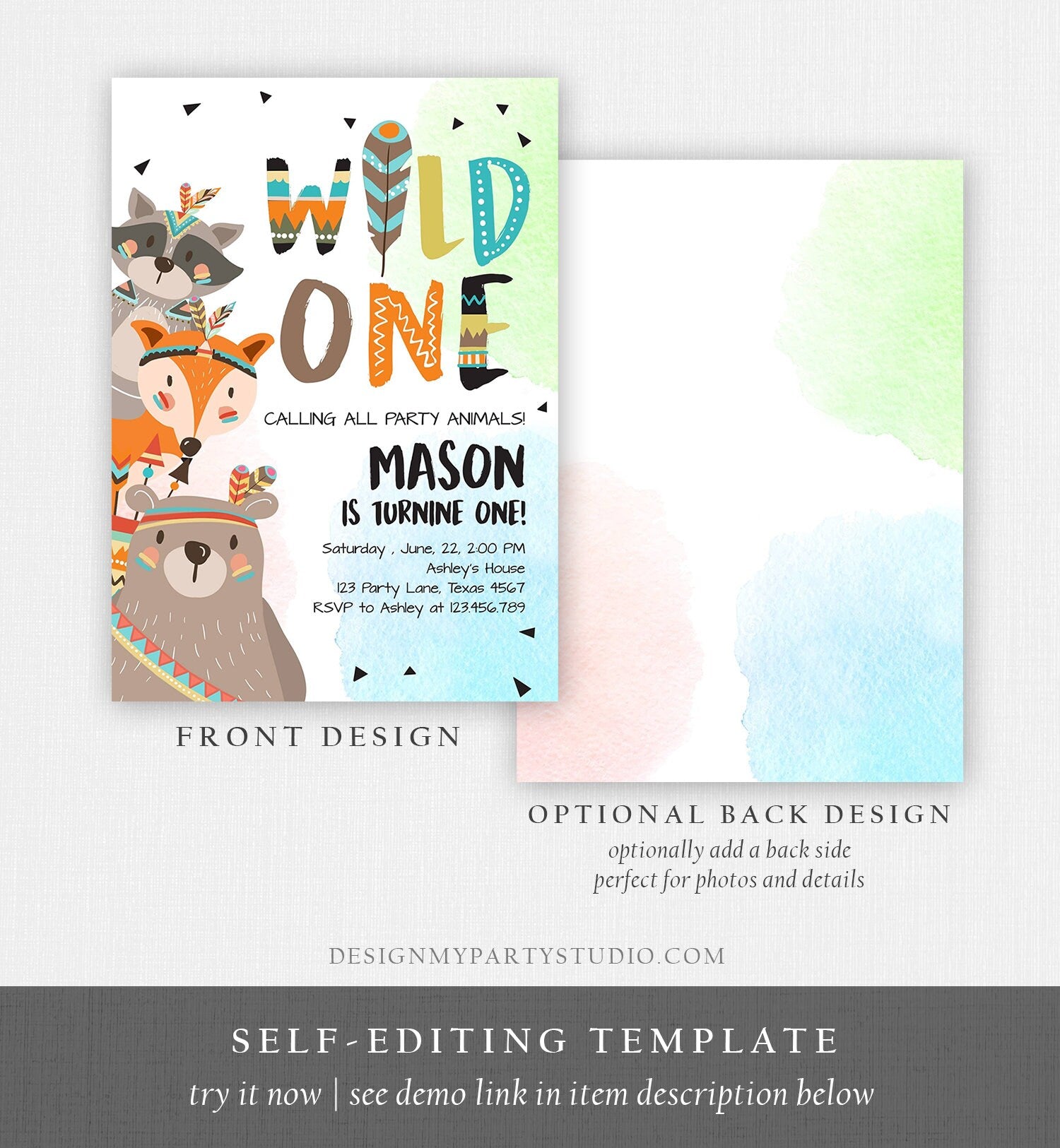 Editable Tribal Woodland Wild One First Birthday Invitation Boho Woodland Animals Boy Instant Download Printable Template Corjl Digital 0061