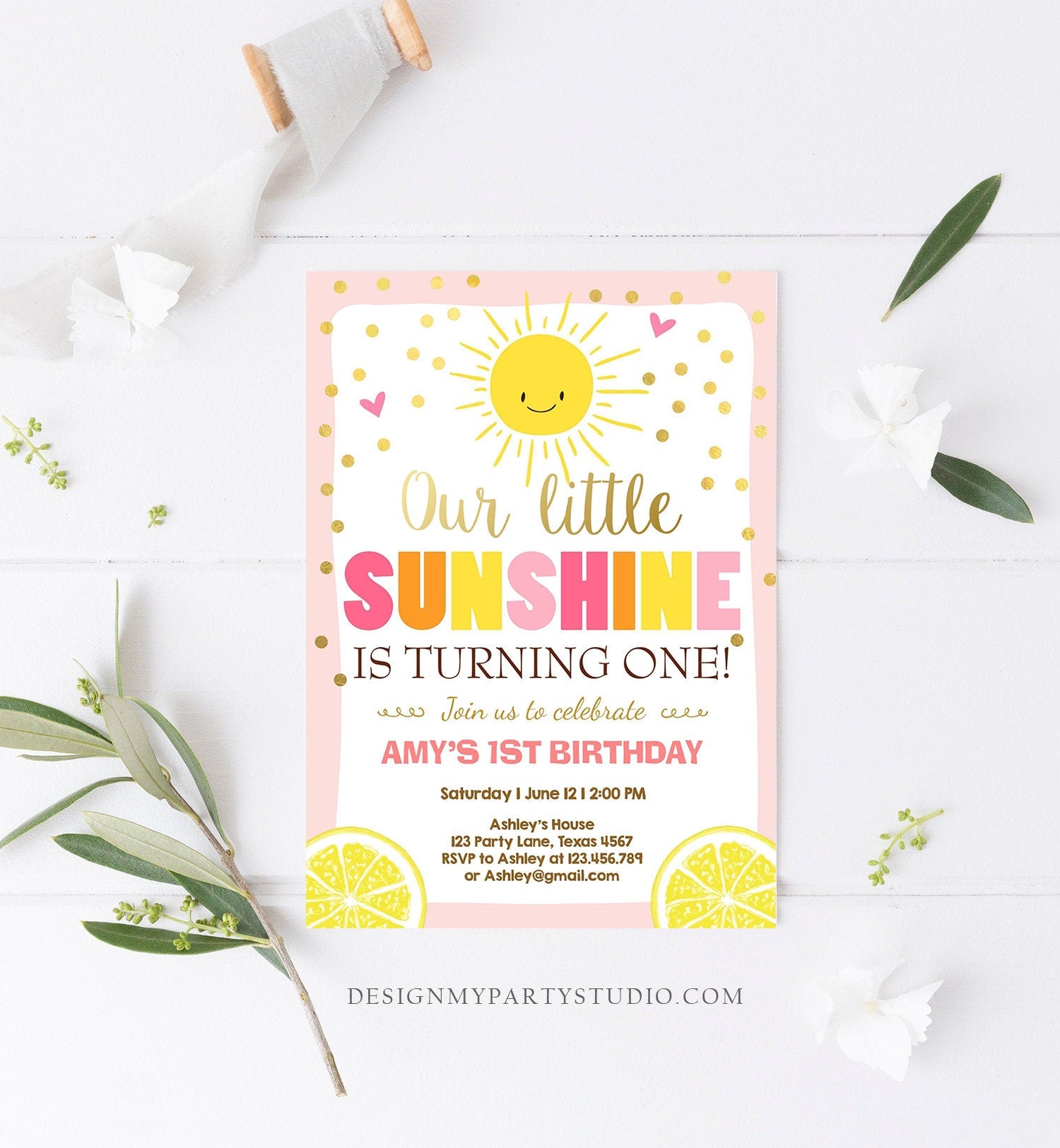 Editable Sunshine and Lemonade Birthday Invitation You are My Sunshine Pink Girl Summer Download Printable Invitation Template Corjl 0070