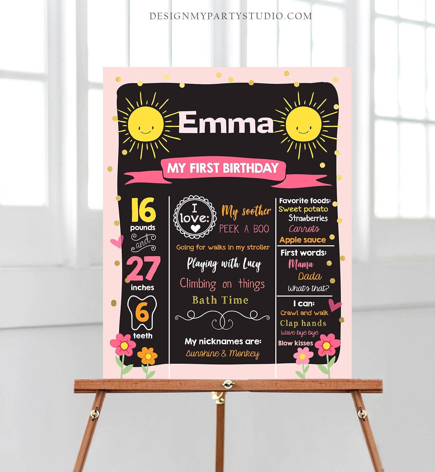 Editable Little Sunshine Birthday Milestones Sign Summer First Birthday 1st Birthday Girl Pink Download Template Printable Corjl 0070