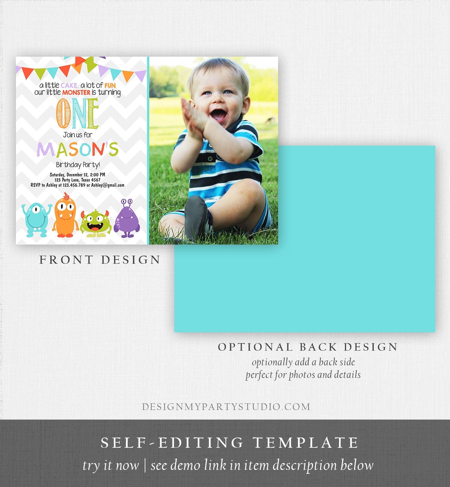 Editable Monster Birthday Invitation 1st Birthday Little Monster First Birthday Invite Boy Instant Download Printable Template Corjl 0058