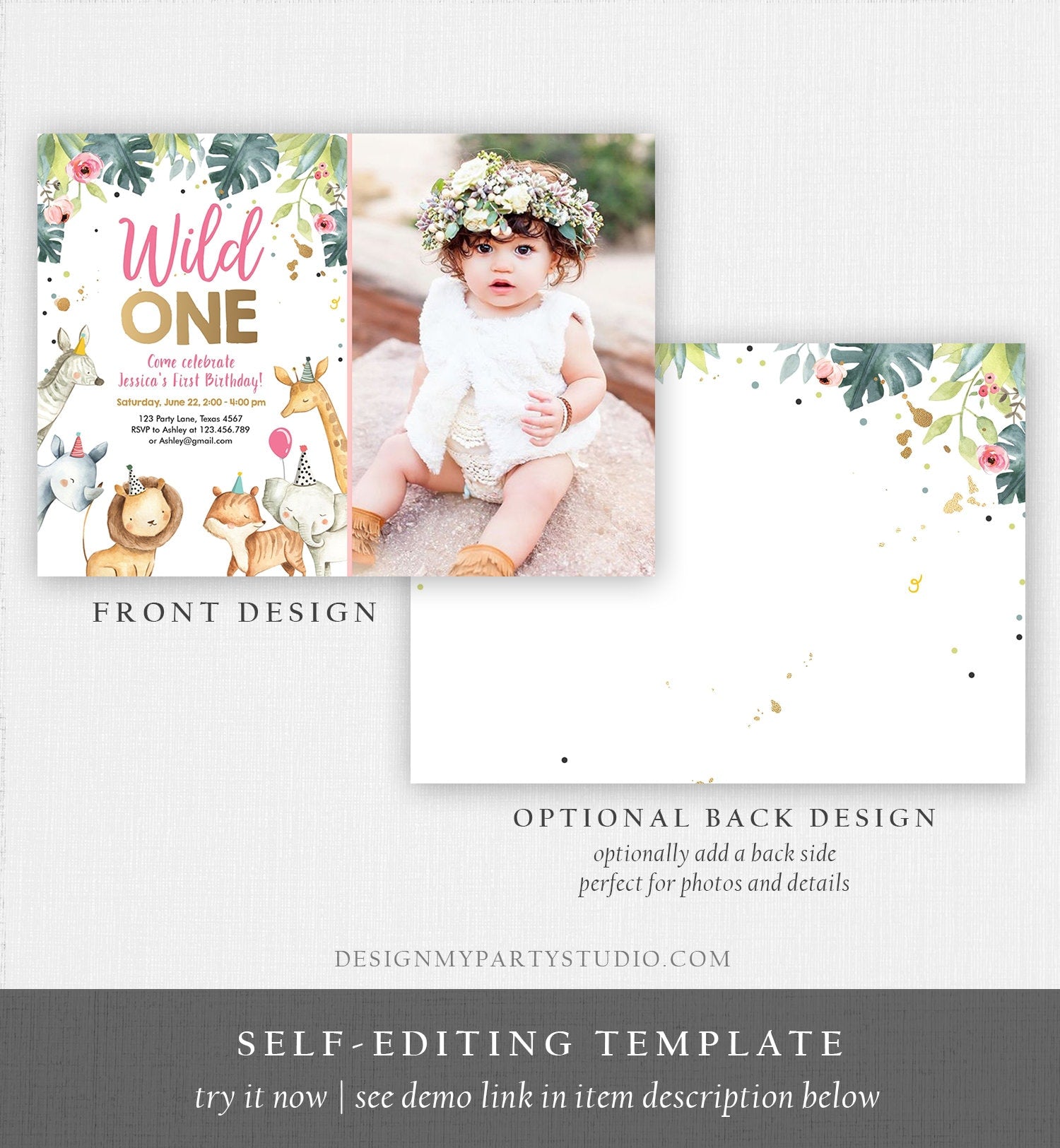 Editable Wild One Birthday Invitation Girl Safari Animals Invite Pink and Gold Party Animals Download Printable Template Corjl Digital 0163