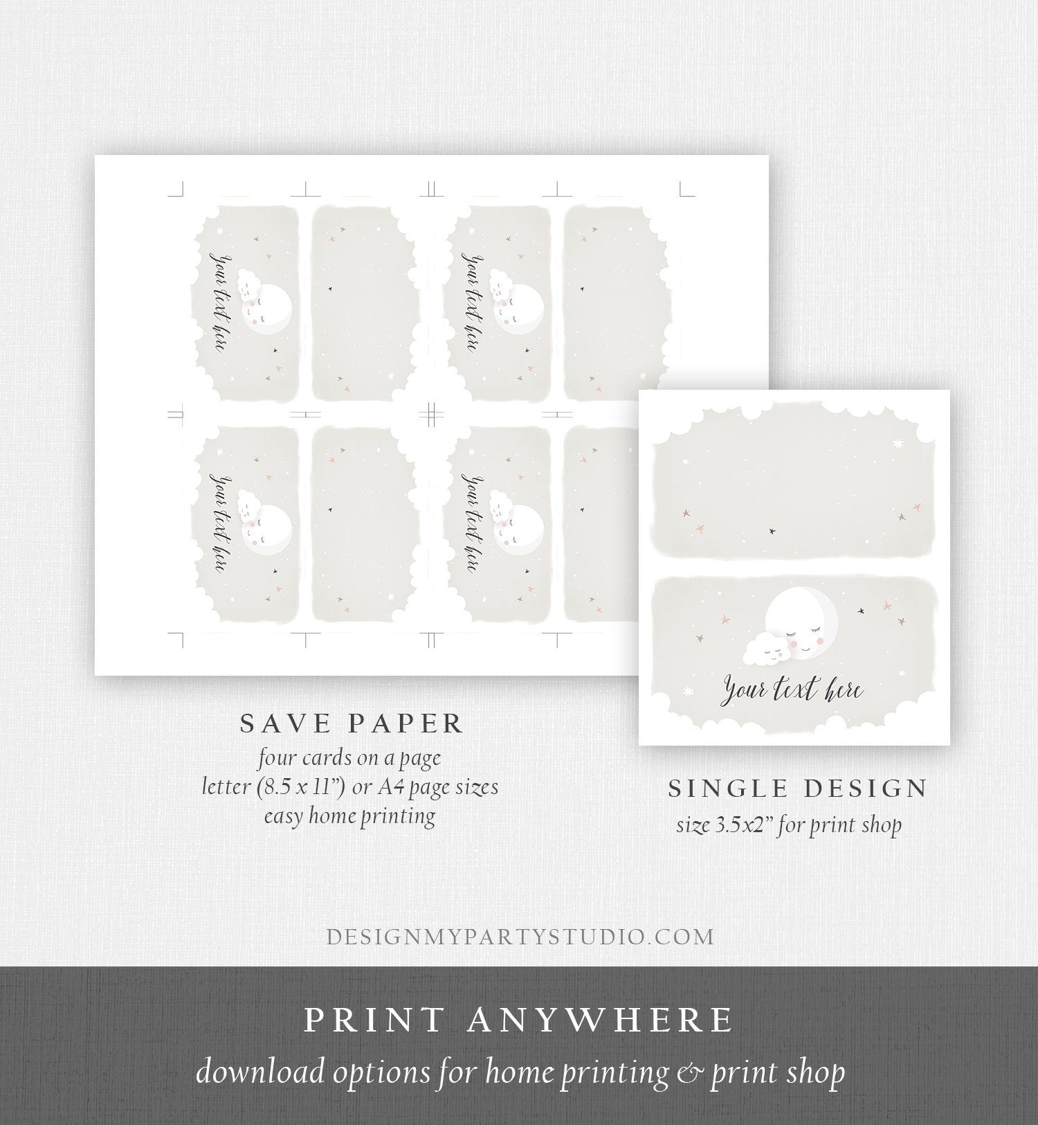 Editable Moon Food Labels Moon Place Cards Loved to the Moon Baby shower Tent Card Escort Card Gender Neutral Printable Corjl Template 0113