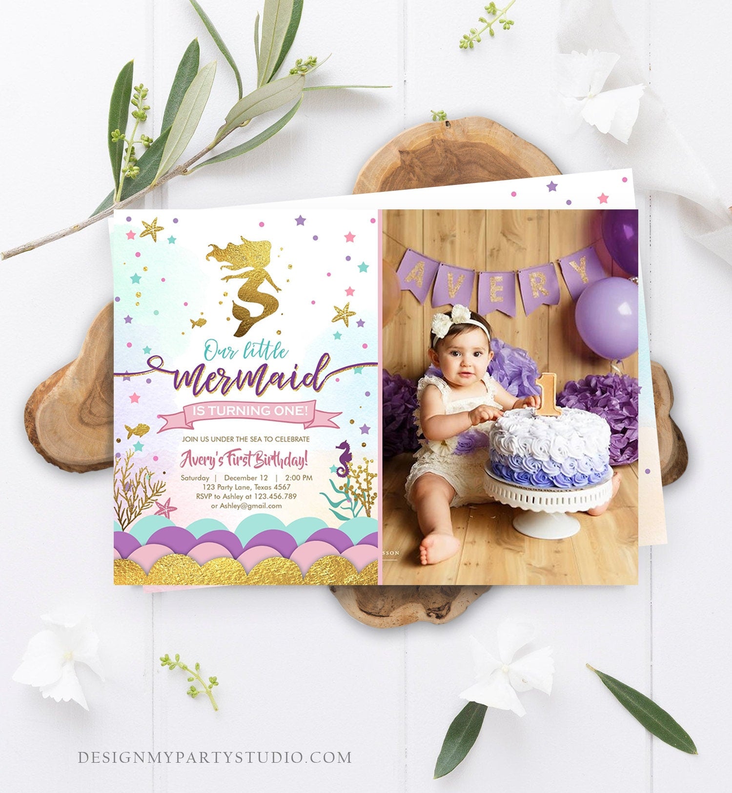 Editable Our Little Mermaid Birthday Invitation Under The Sea Girl Pink Purple Gold First Birthday 1st Corjl Template Printable 0076