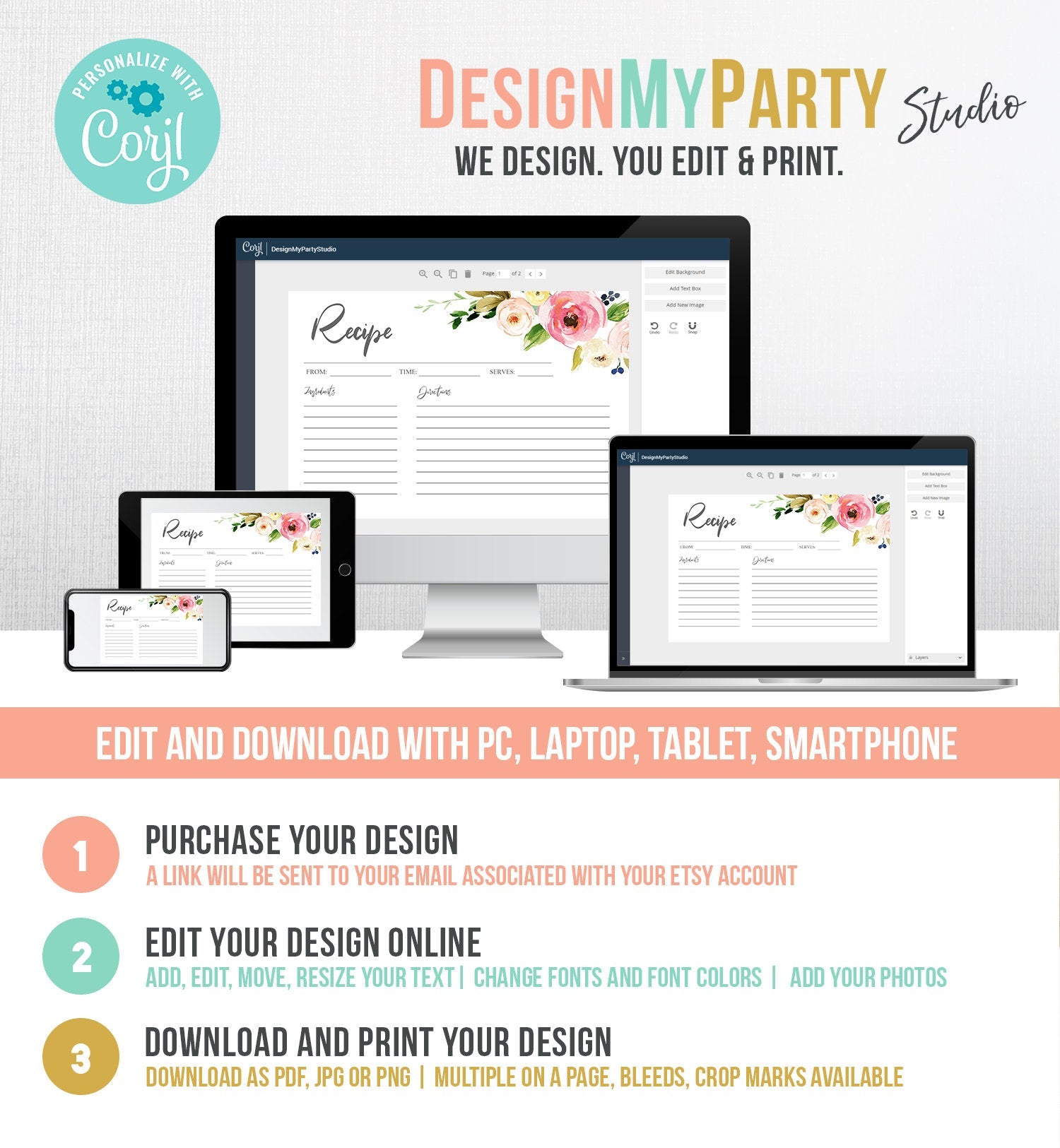 Editable Recipe Card Kitchen Bridal Shower Floral Recipe Card Pink Boho Recipe Card Shower Download Printable Corjl Template Digital 0166