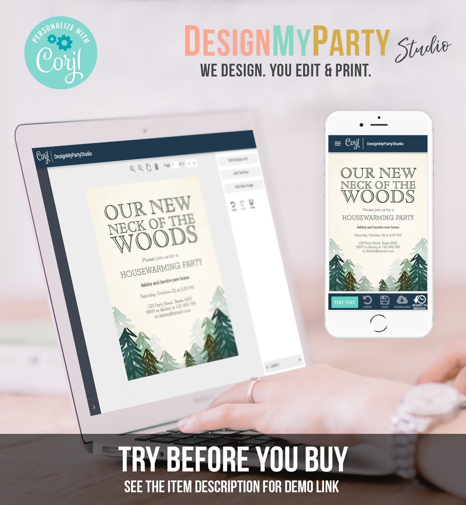 Editable Housewarming Party Invitation Our New Neck of the Woods Forest Winter Fall Party Rustic Download Printable Corjl Template 0295