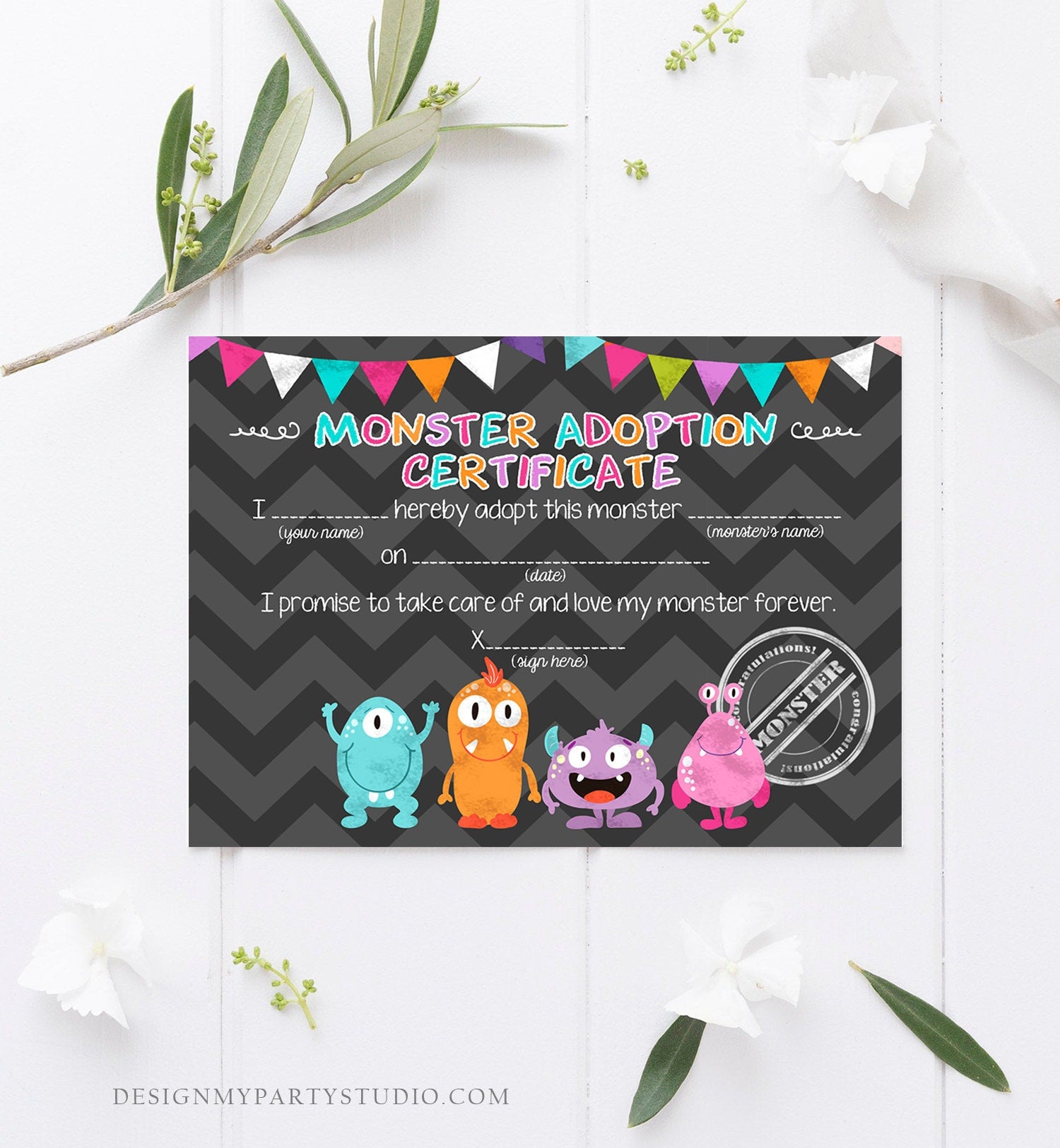Adopt a Monster Certificate Girl Monster Birthday Monster Adoption Certificate Monster Decor Instant download PRINTABLE Digital DIY 0058