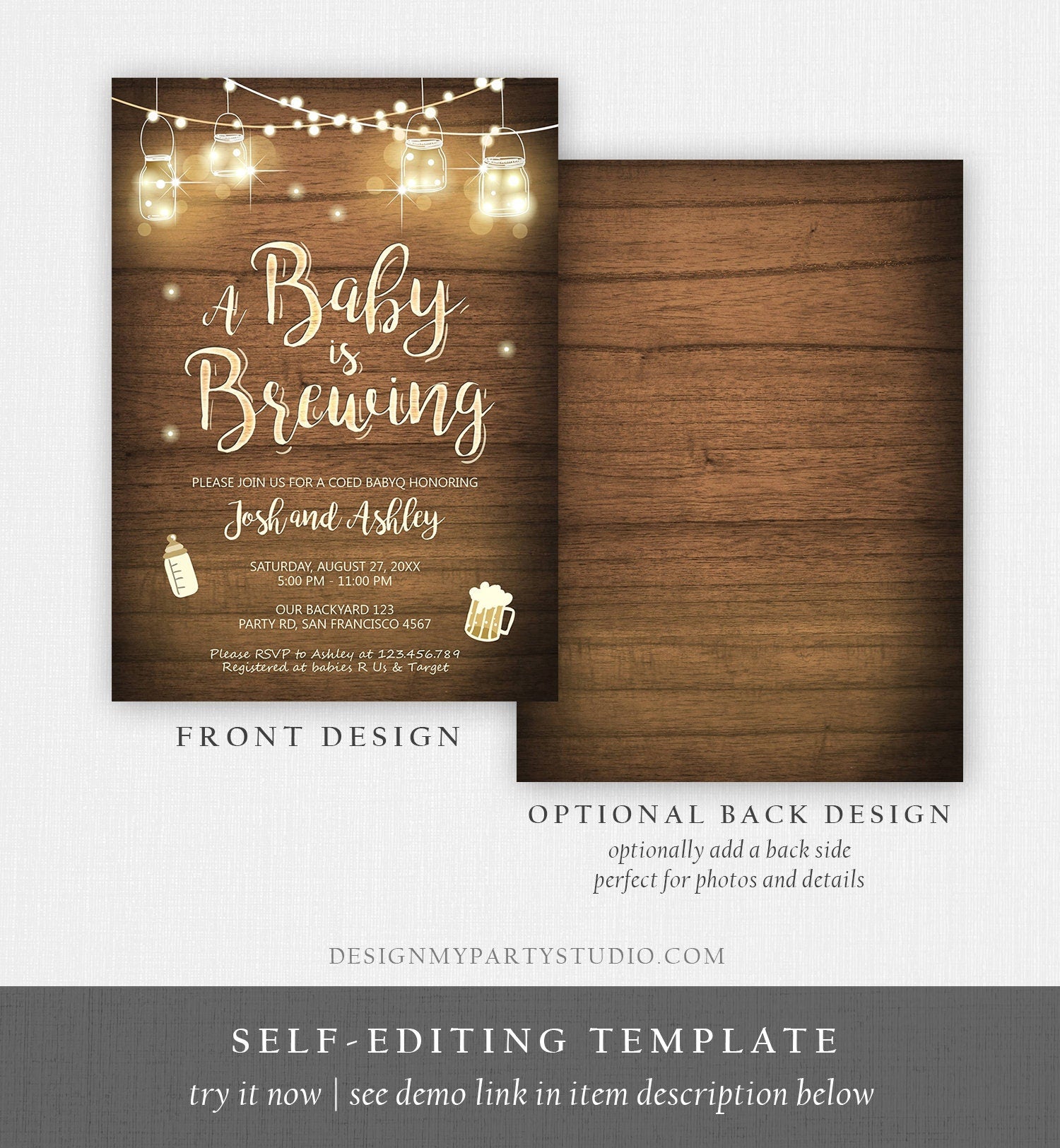 Editable A Baby is Brewing Invitation Bottle and Beers Baby Shower BaByQ BBQ Coed Couples Shower Wood Download Printable Template Corjl 0015