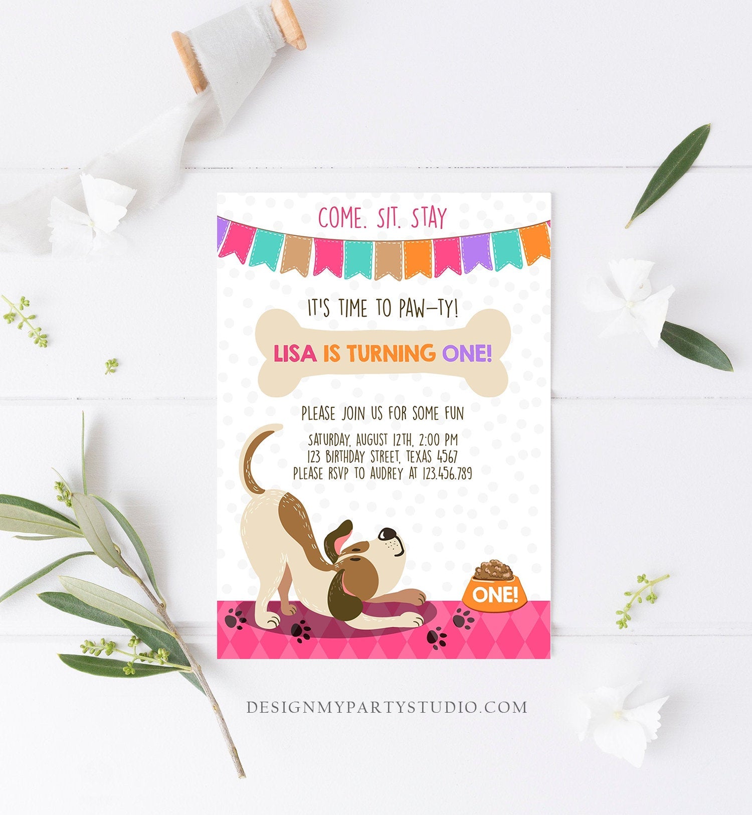 Editable Puppy Dog Birthday Invitation Pawty Girl Birthday Dog Theme Puppy Party Dog Pink Download Printable Invitation Template Corjl 0048